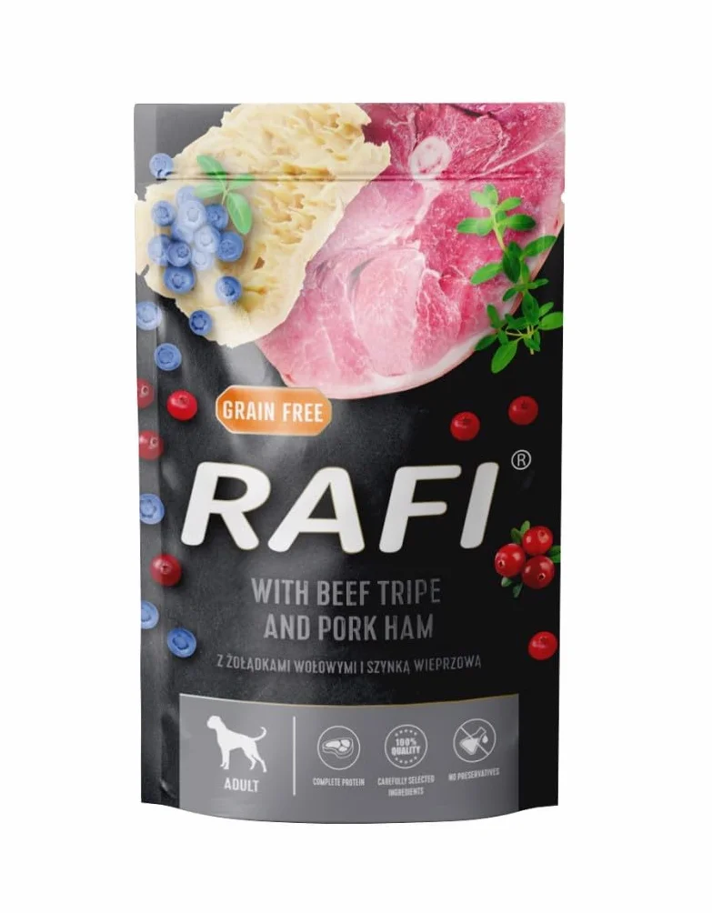 Rafi Mokra karma dla psa żołądki wołowe z szynką saszetka 500 g