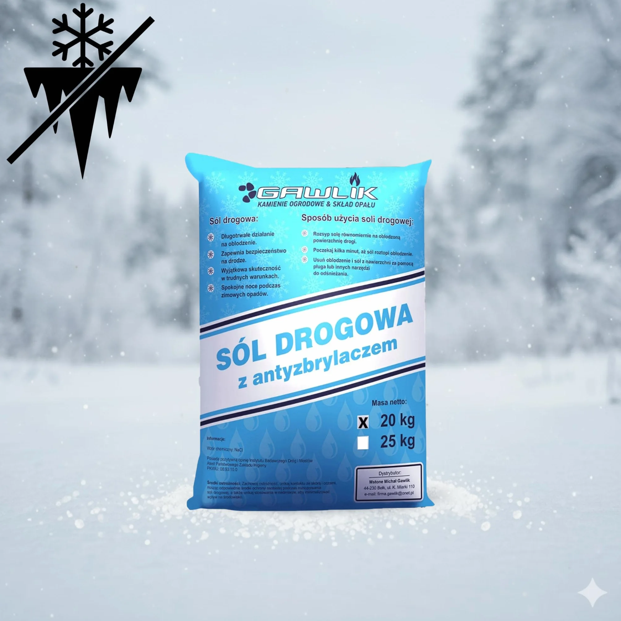 SÓL DROGOWA Sól do rozmrażania lodu ze środkiem zapobiegającym blokowaniu 20 KG sól do odśnieżania na zimę