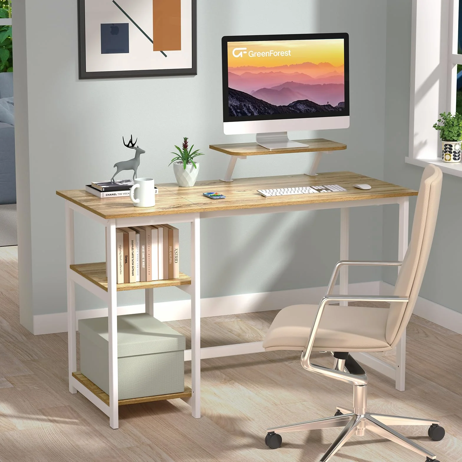 GreenForest Biurko Komputerowe ze Stojakiem na Monitor, 100 cm do Domowego Biura z Odwracalnymi Półkami do Przechowywania Laptopów, Małych Biur i Stanowisk Pracy, Beżowe