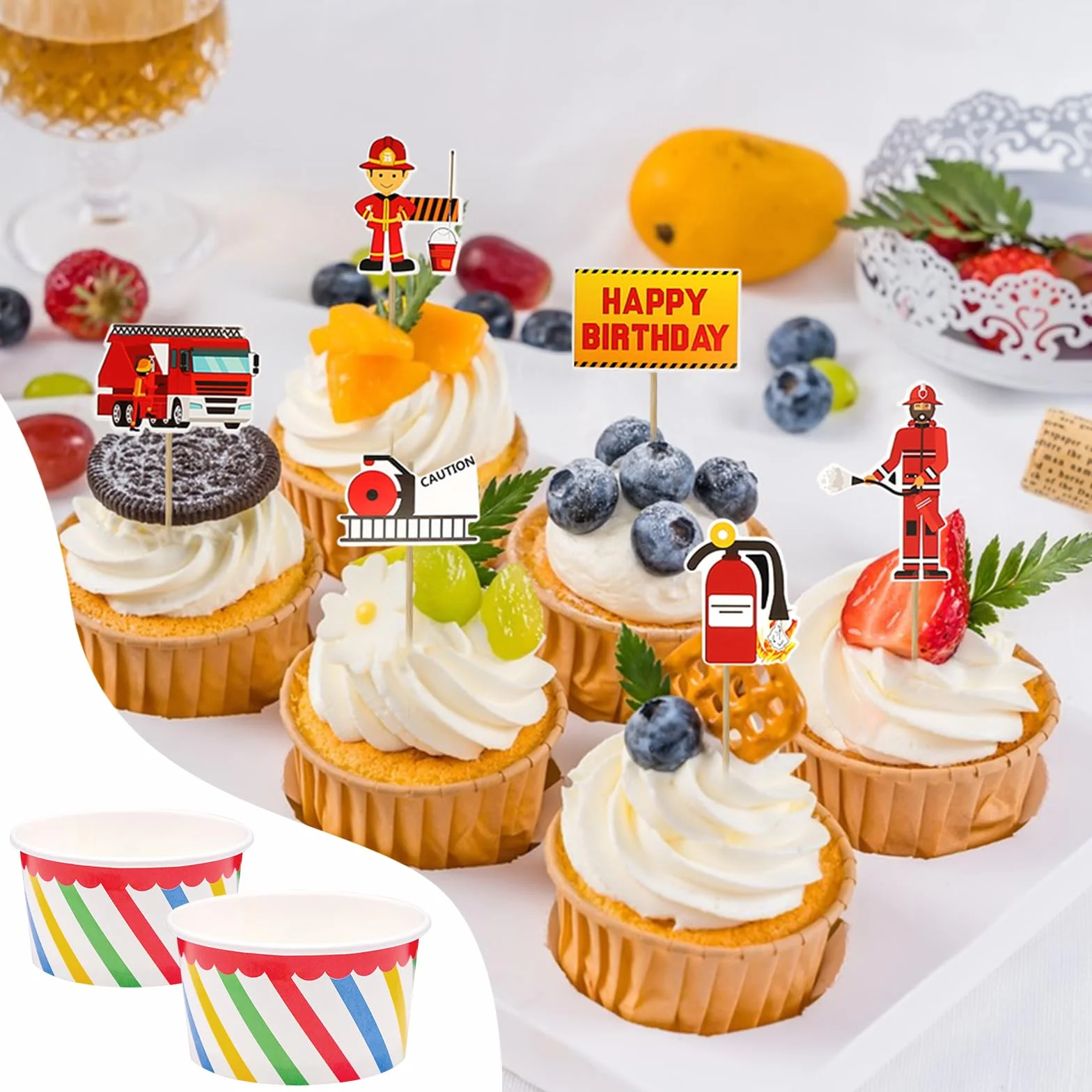 50 sztuk pucharków do lodów 125ml, pucharki do lodów z łyżką, papierowe pucharki deserowe, pucharki na desery, pojemniki do wynoszenia mrożonego jogurtu (kolorowe paski)