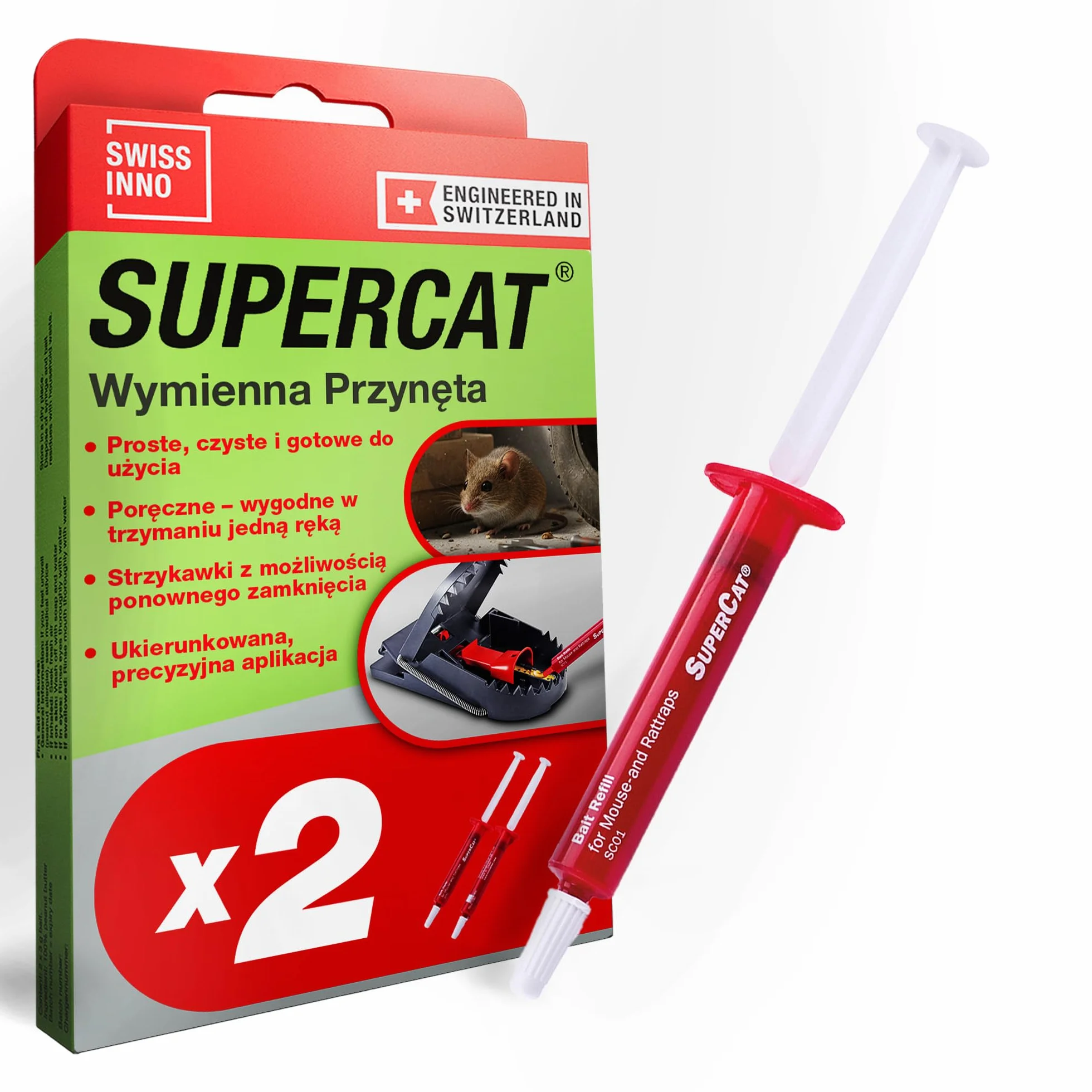 SWISSINNO SuperCat Przynęta Zapasowa w Strzykawkach z Masłem Orzechowym do Pułapek na Myszy i Szczury – Skuteczny Wabik Pokarmowy, Kompatybilny z Pułapkami SuperCat, 2 szt.