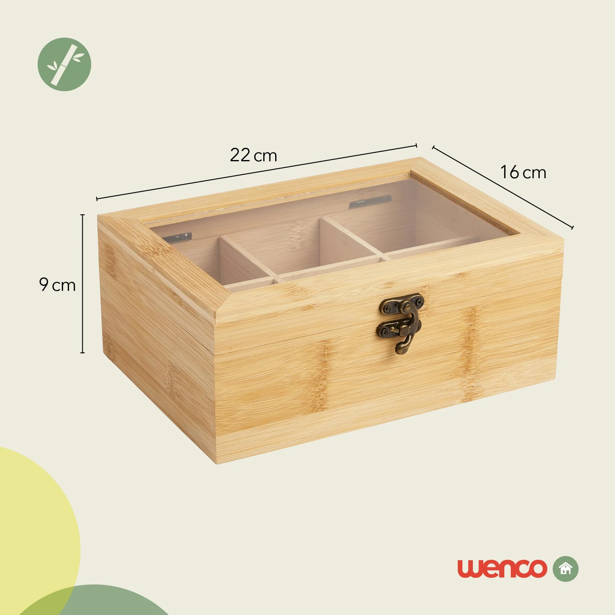 wenco Pudełko na herbatę premium z 6 przegródkami, 21,7 x 16 x 9 cm, bambusowe, jasnobrązowe