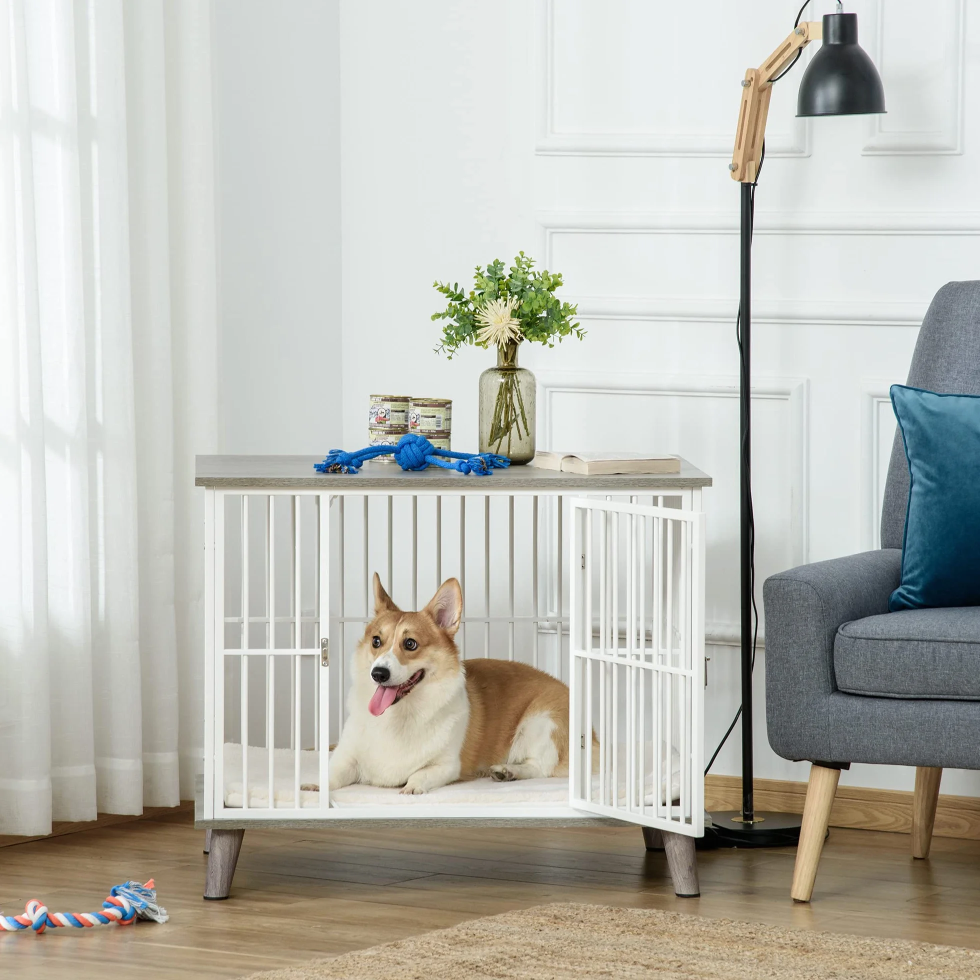 PawHut klatka dla psa drewniana z poduszką blat podwyższony design klatka dla psów średnich do domu klatka dla zwierząt domowych kolor biały+szary 86 x 60 x 70 cm