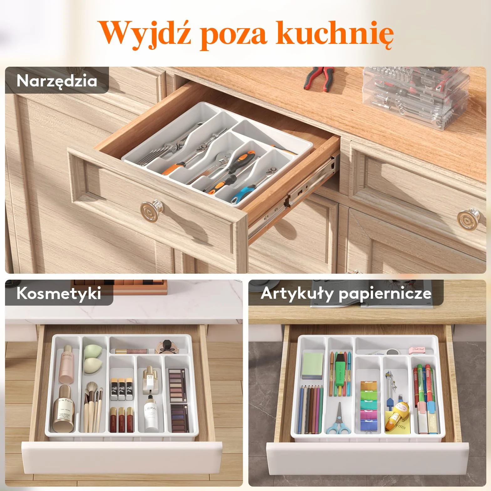 Organizer do szuflady na sztućce Lifewit, Plastikowa taca na sztućce do szuflady kuchennej, Uchwyt, Przegródka na Łyżki, Widelce, Noże, Zastawa stołowa, 6 przegródek, Biały