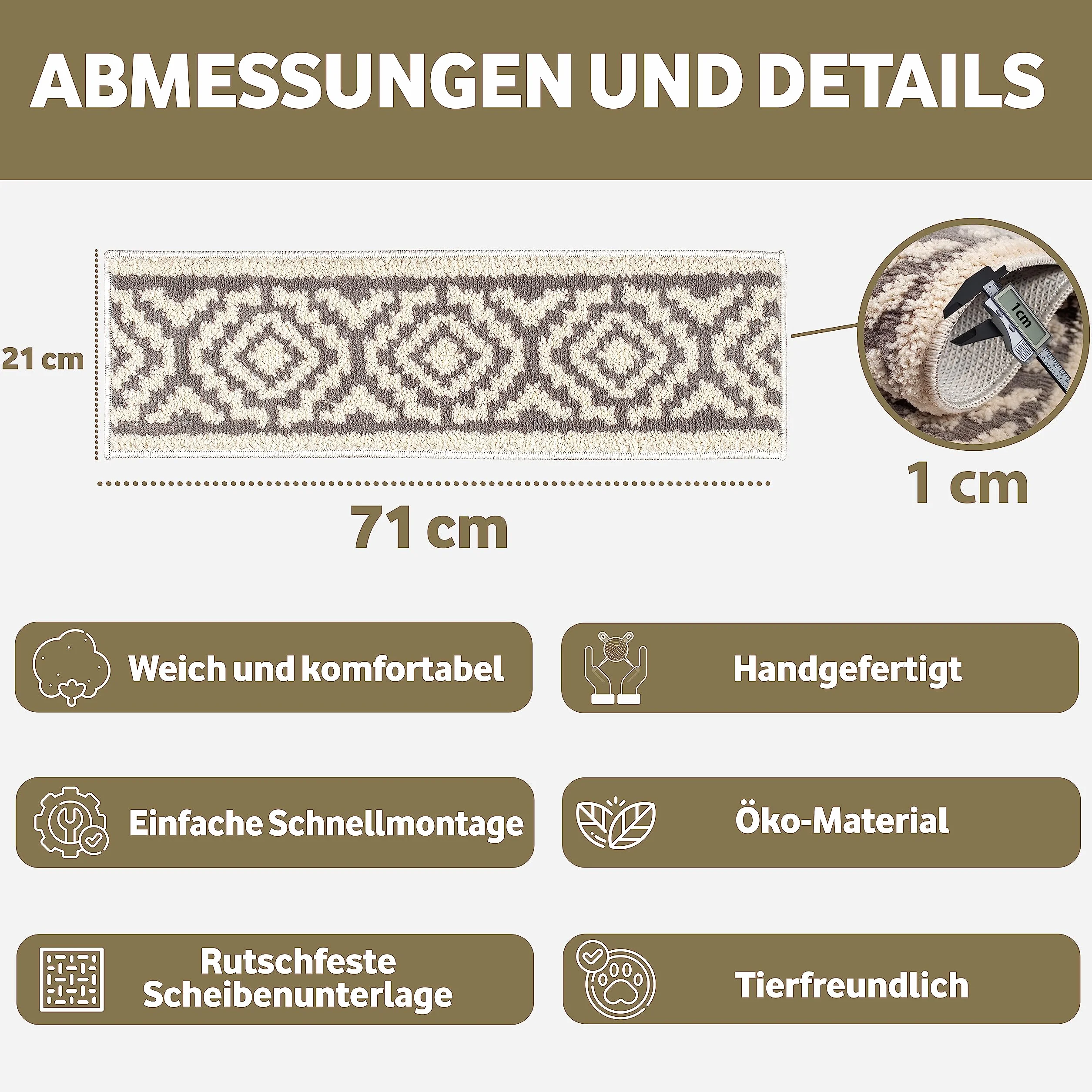 Maty na schody – maty na schody wewnątrz, zestaw 15 sztuk, 71 x 21 cm, duże, miękkie, z antypoślizgowym spodem | nowoczesne dywaniki, bardzo grube, 1 cm, wygodne uczucie dla stóp