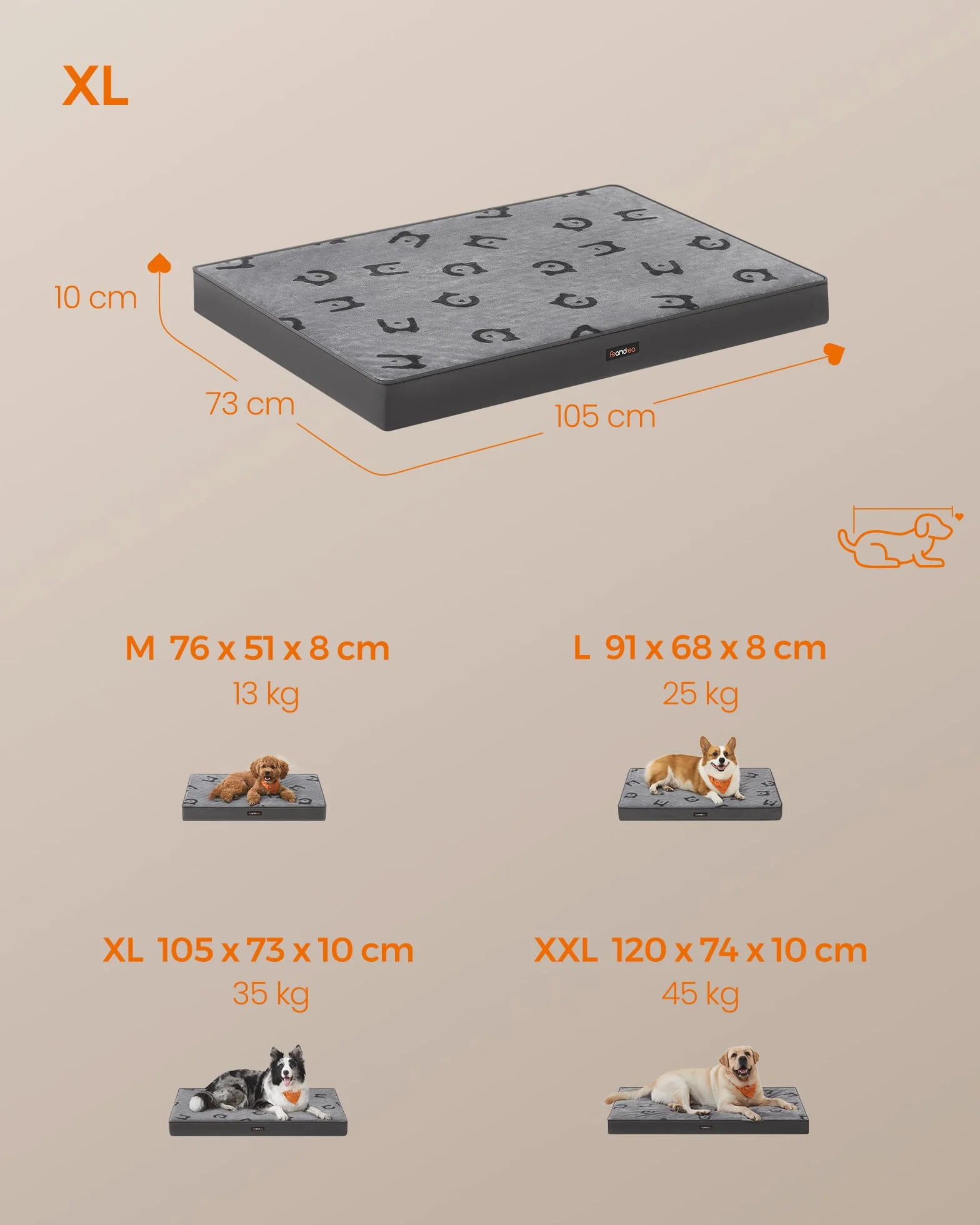 Feandrea Legowisko dla psów, pianka o strukturze plastra miodu, z uchwytem, zdejmowane pokrycie, nadające się do użytku obustronnego, wodoodporne, rozmiar XL, 105 x 73 x 10 cm, gołębi szary PGW243G01