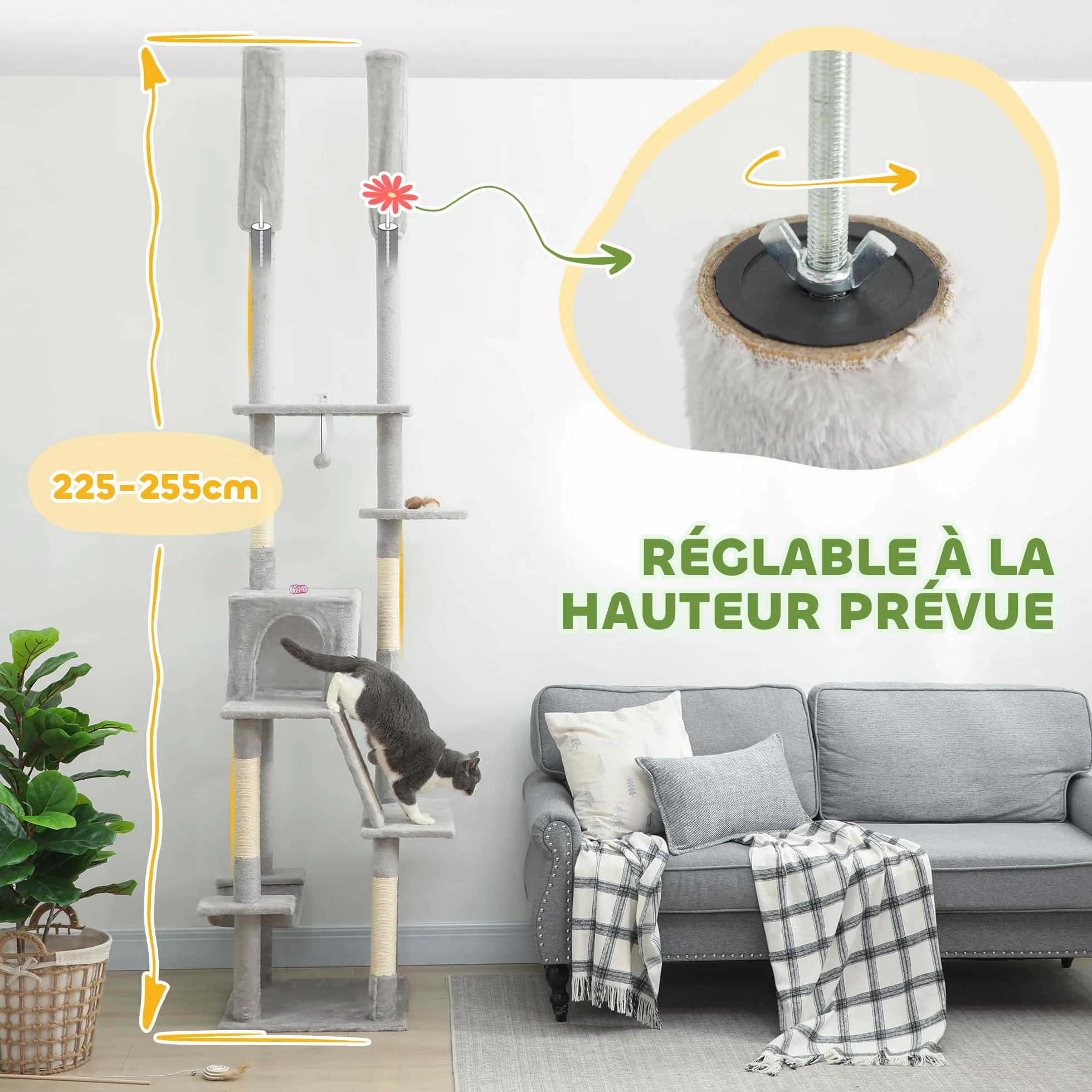 PawHut Drapak dla kota 225–255 cm od podłogi do sufitu XXL, 6-poziomowy drapak sizalowy z budką, hamakiem, platformami, drabiną i 2 wiszącymi kulkami, jasnoszary