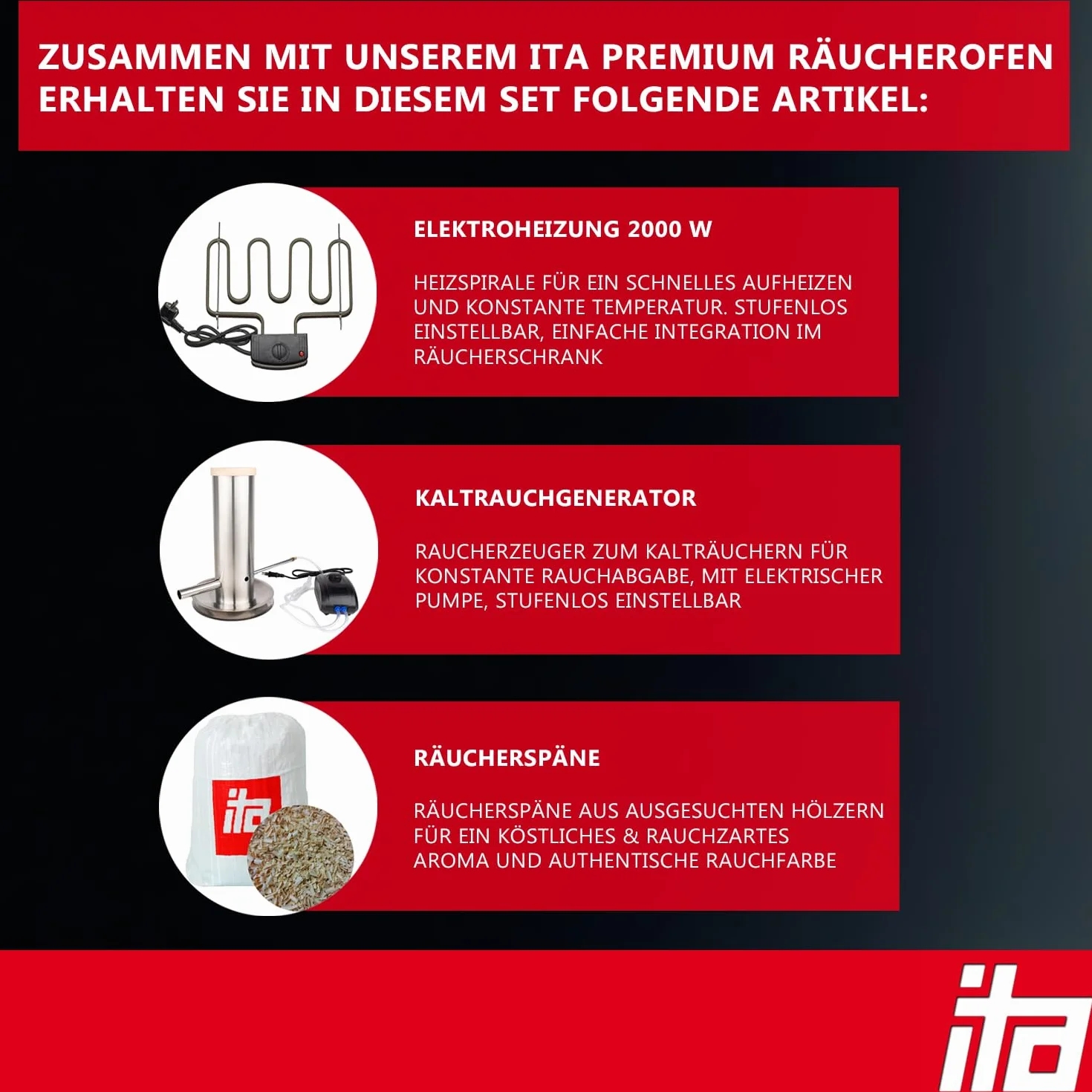 ITA Elektryczny piec wędzarniczy 7000 – zestaw do wędzenia z ogrzewaniem, generator dymu – szafka wędzarnicza z oknem i termometrem – stal stopowa – jakość UE, bezpośrednio od producenta – 81 cm z 3
