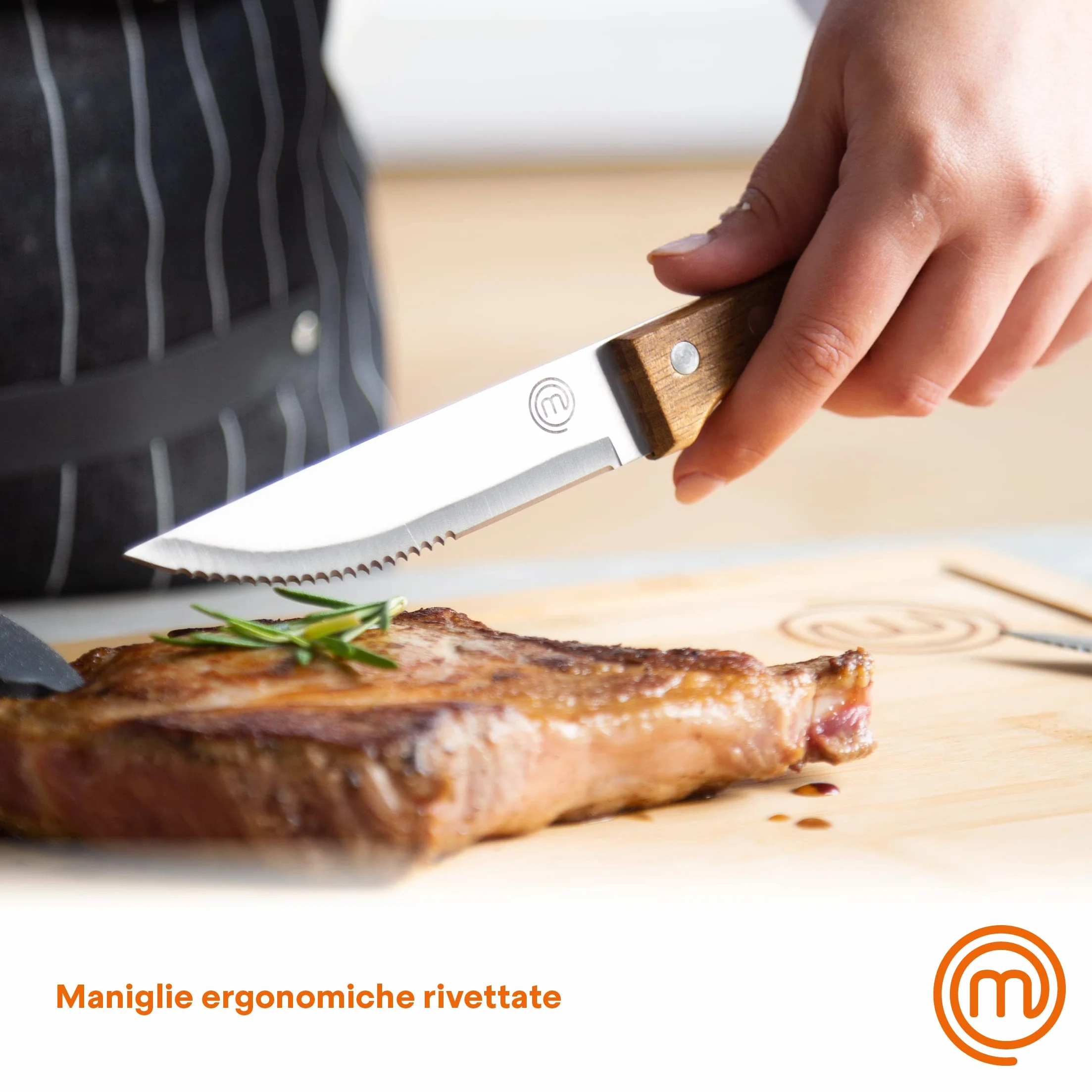 MasterChef Zestaw noży do steków 4-częściowy, Rozmiar L, Stal nierdzewna, Nitowane uchwyty z drewna akacjowego, Długość: 12,5cm