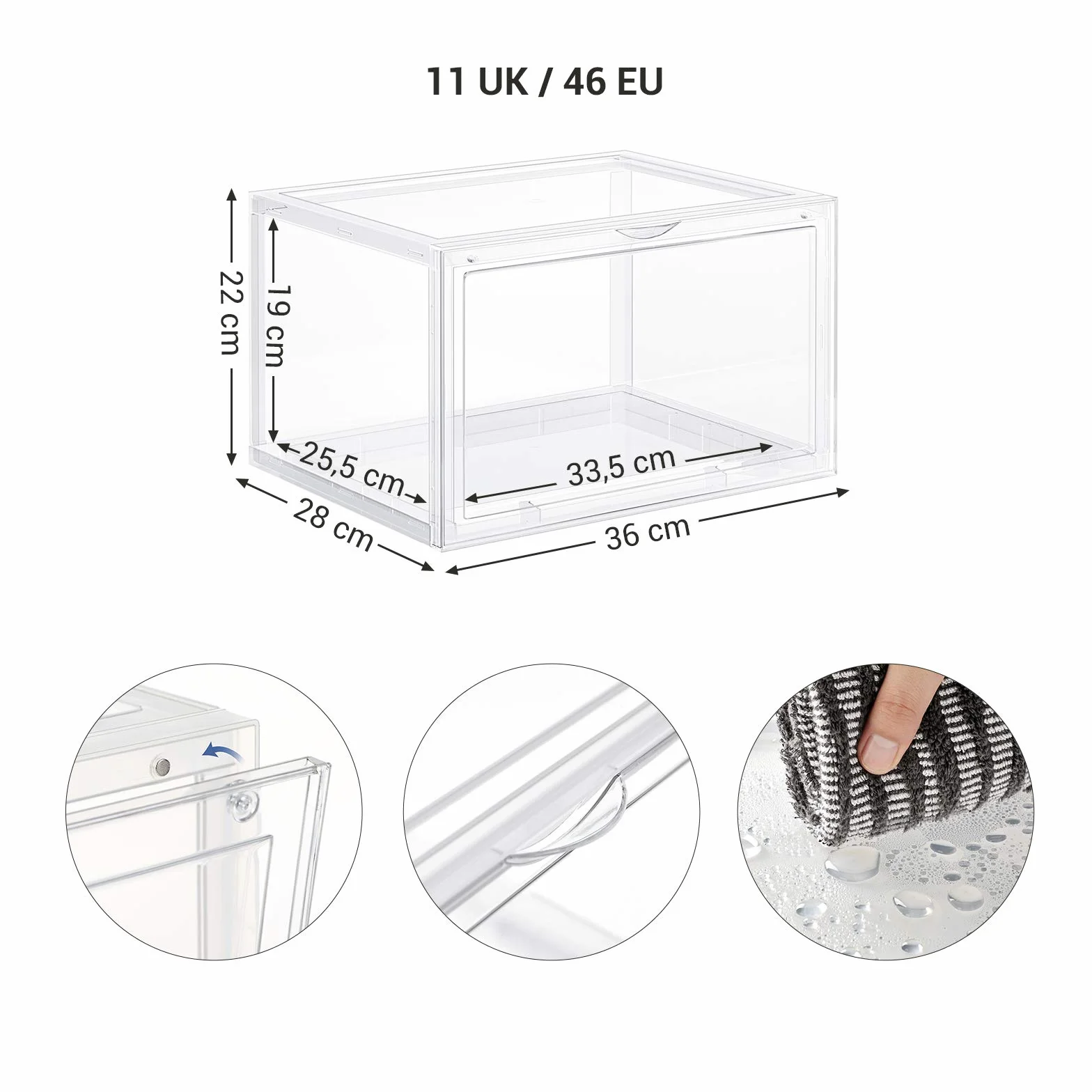SONGMICS pudełka na buty, 3 organizery na buty z przezroczystymi drzwiami, plastikowe pojemniki na buty do rozmiaru 46, 36 x 28 x 22 cm, przezroczyste, LSP03CW