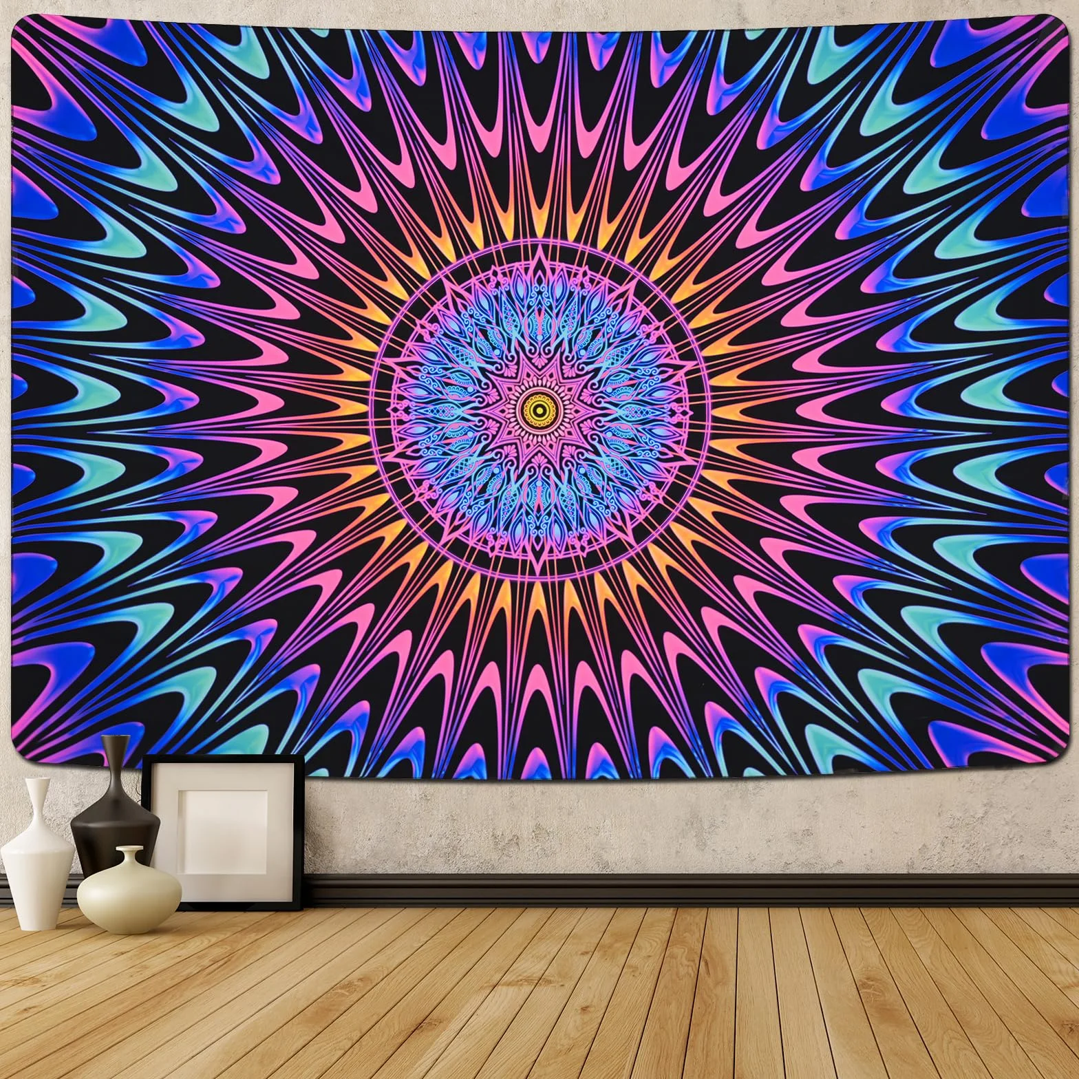 Alishomtll Czarno-kolorowy, dywan ścienny w stylu boho, mandala, reaktywna na promieniowanie UV, psychodeliczny hipisowski dywan ścienny, dekoracja domu, do sypialni, na imprezę, 210 x 150 cm
