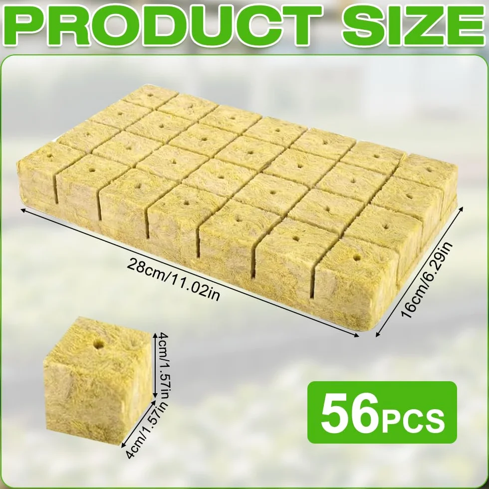 Kostka z wełny skalnej, 56 sztuk, 4 x 4 x 4 cm, kostki hydroponiczne z wełny mineralnej, do sadzonek, rozmnażania, siewu