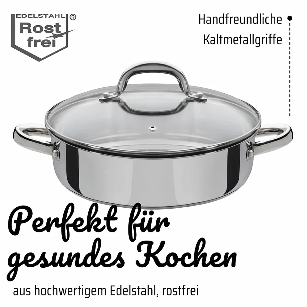 GSW Stahlwaren GmbH patelnia do serwowania ze stali nierdzewnej, srebrna/przezroczysta, 24 x 7 cm, 2,8 l