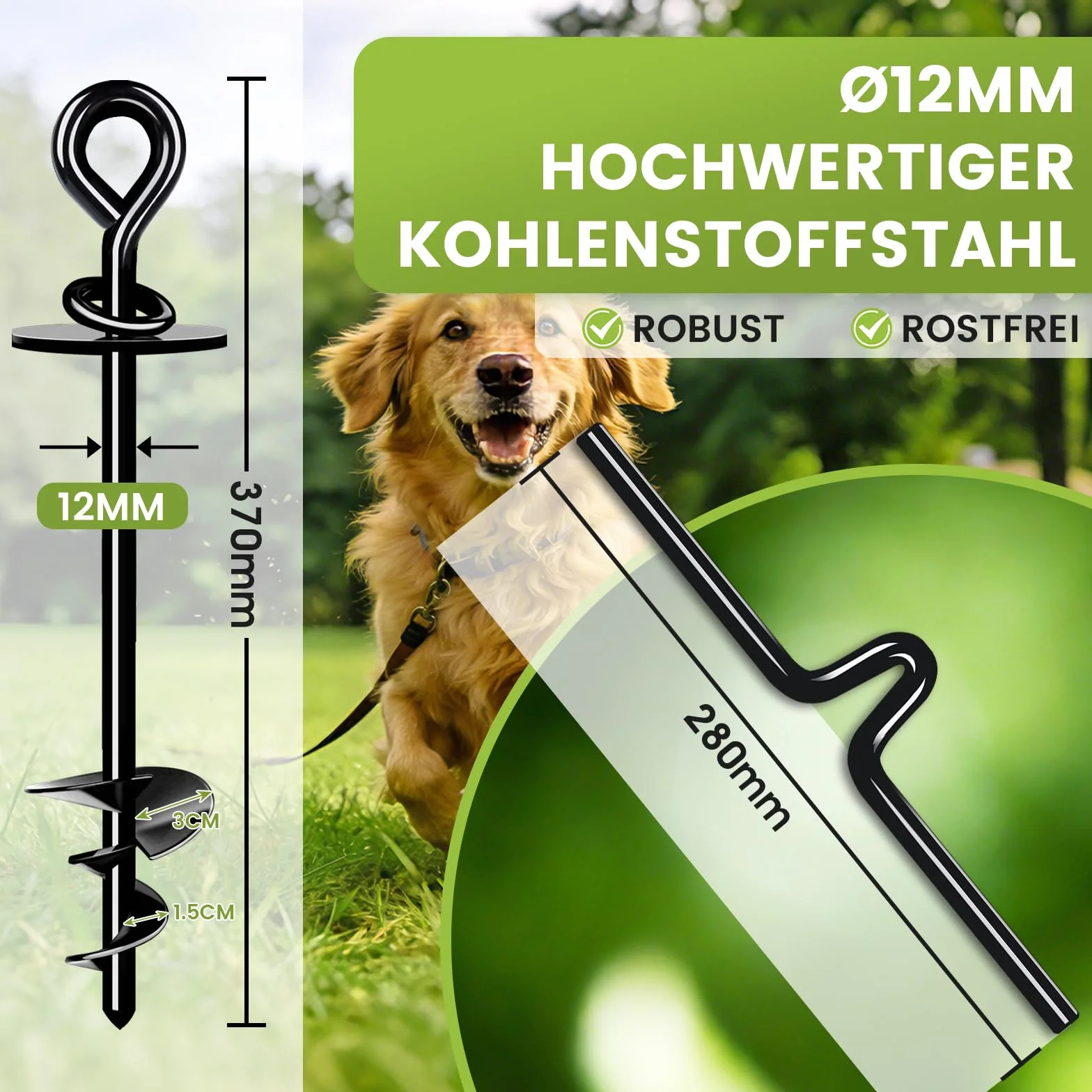 Kołek dla psa ø 12 mm, kotwica naziemna dla małych, średnich i dużych psów o wadze do 100 kg, kolce dla psów do podłoża, do ogrodu, na podwórko, kemping, plażę (czarna)