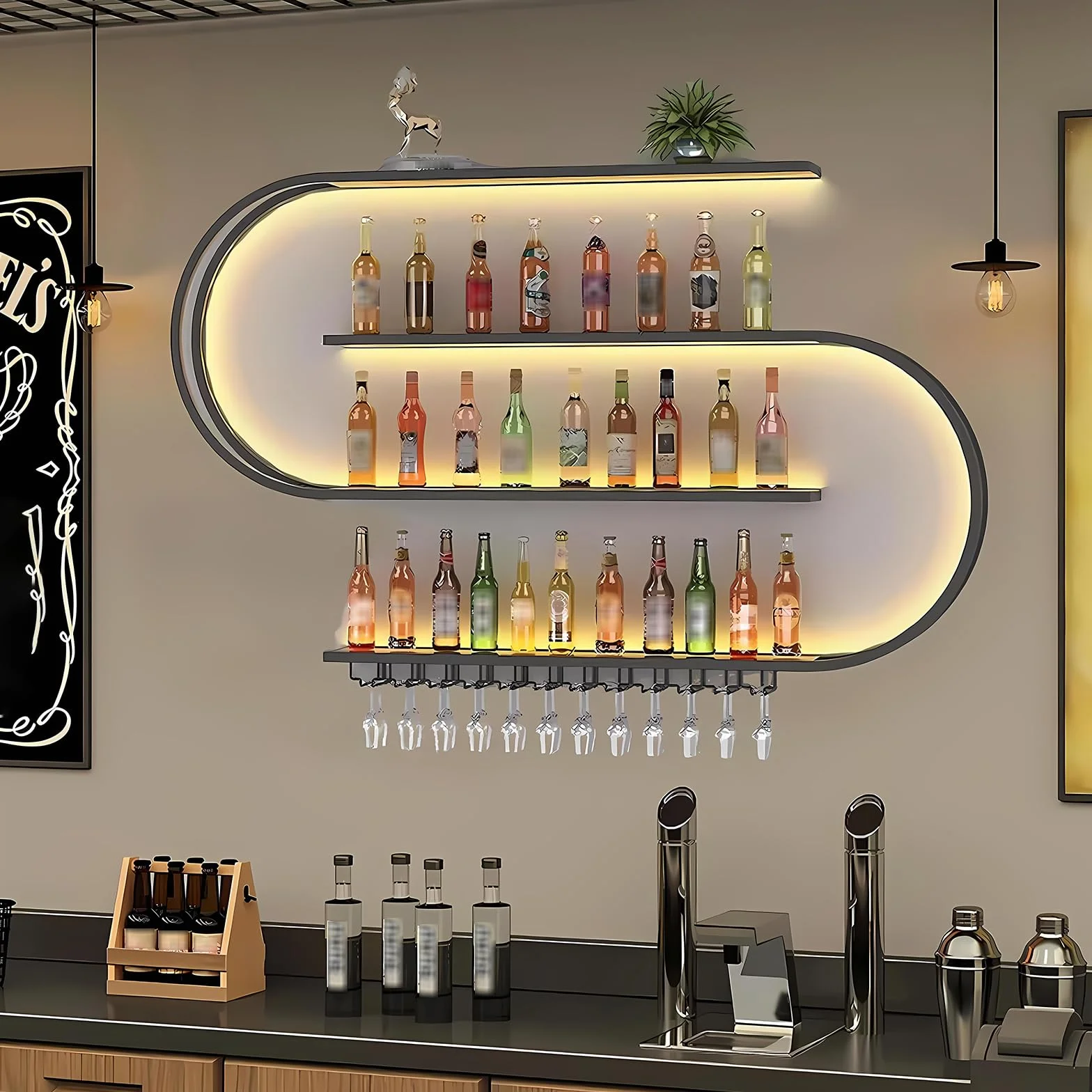 Stojak na wino, ścienne stojaki na wino, żelazna półka na alkohol z uchwytem na kieliszki wina, z półką do przechowywania butelek, odpowiedni do baru, restauracji, kuchni (Czarny, 150cm)