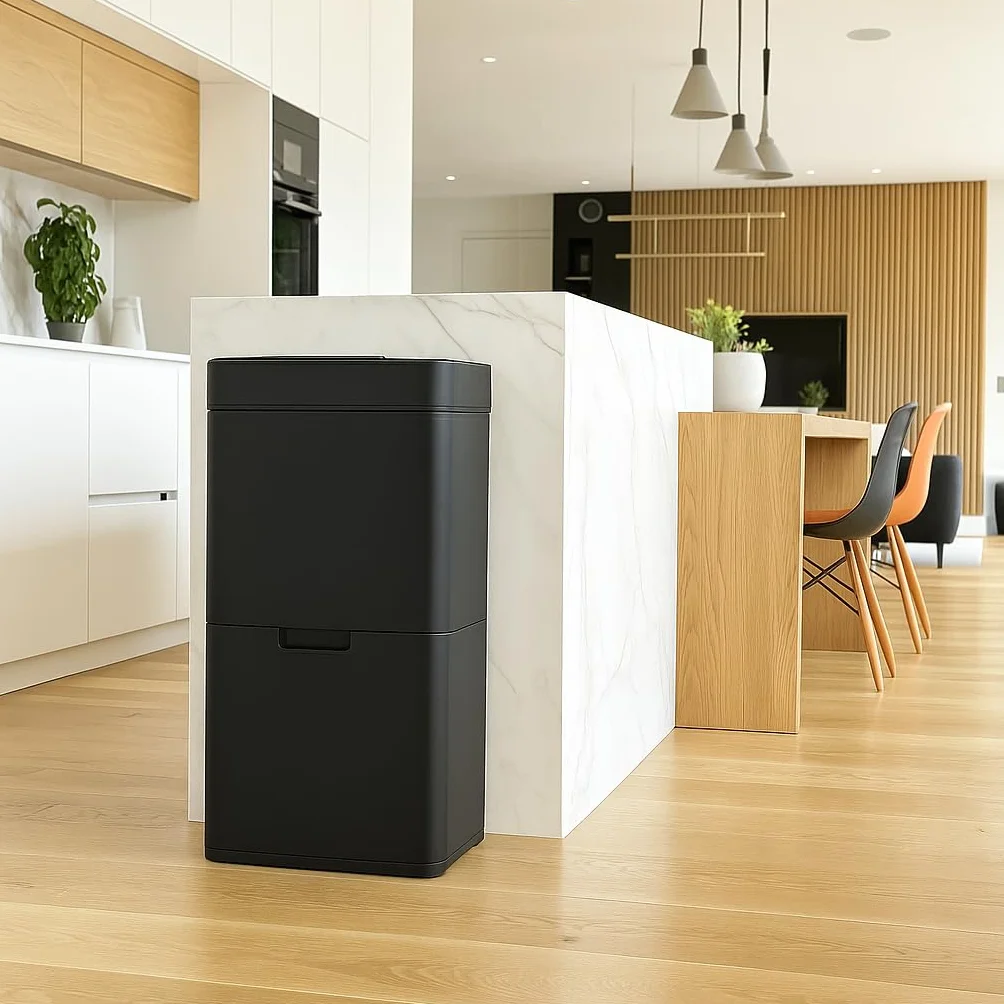 KITCHEN MOVE Automatyczne sortowanie selektywne kosz na śmieci z podwójnym przedziałem 75 l NARVIK błyszczący czarny recykling o dużej pojemności i kosz na śmieci 3 l