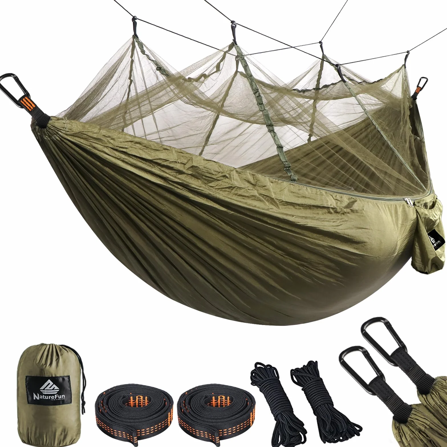 NATUREFUN hamak kempingowy z podróżną siatką na owady, nośność 300 kg (275 x 140 cm), oddychający, szybkoschnący nylon spadochronowy, 2 x karabińczyk premium, 4 x nylonowy pasek w zestawie, na zewnątrz, do ogrodu