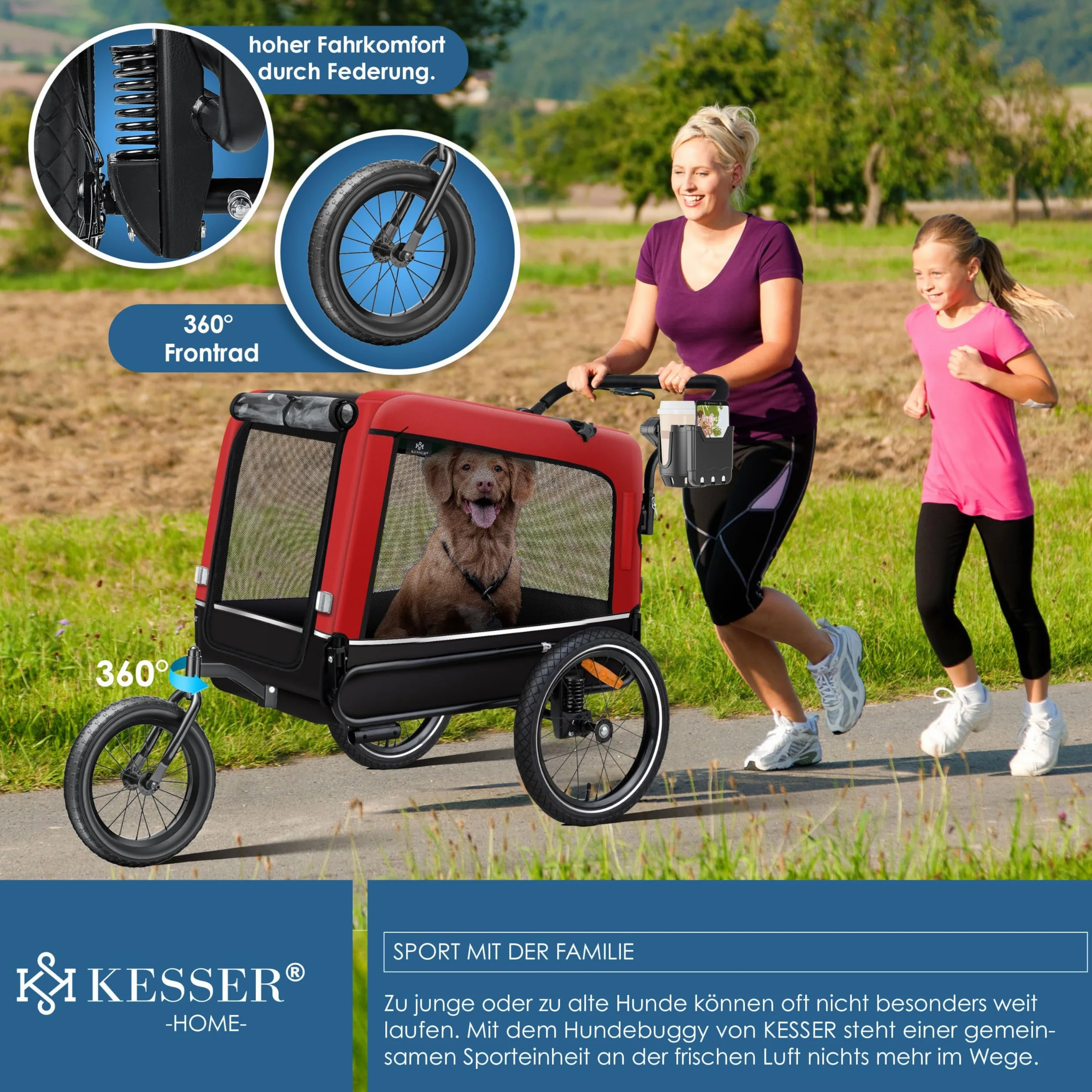 KESSER® Przyczepa dla psa 3 w 1 pies bug & jogger przyczepka rowerowa duża pojemność ok. 240 litrów, sprężyna, materiał: płótno 600D, SmartSpace Concept, maksymalne obciążenie: 40 kg