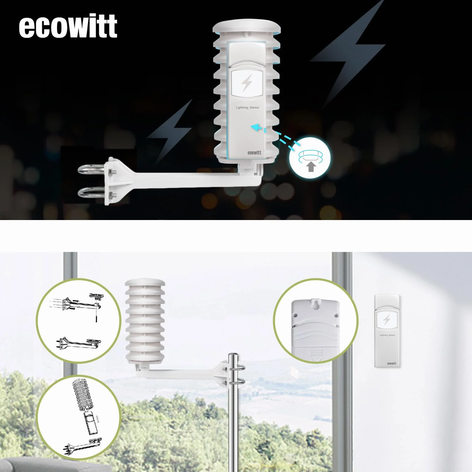 Ecowitt bezprzewodowy czujnik wykrywania piorunów WH57, zewnętrzny czujnik stacji pogodowej dla ekosystemu Ecowitt, tylko akcesorium 868MHz