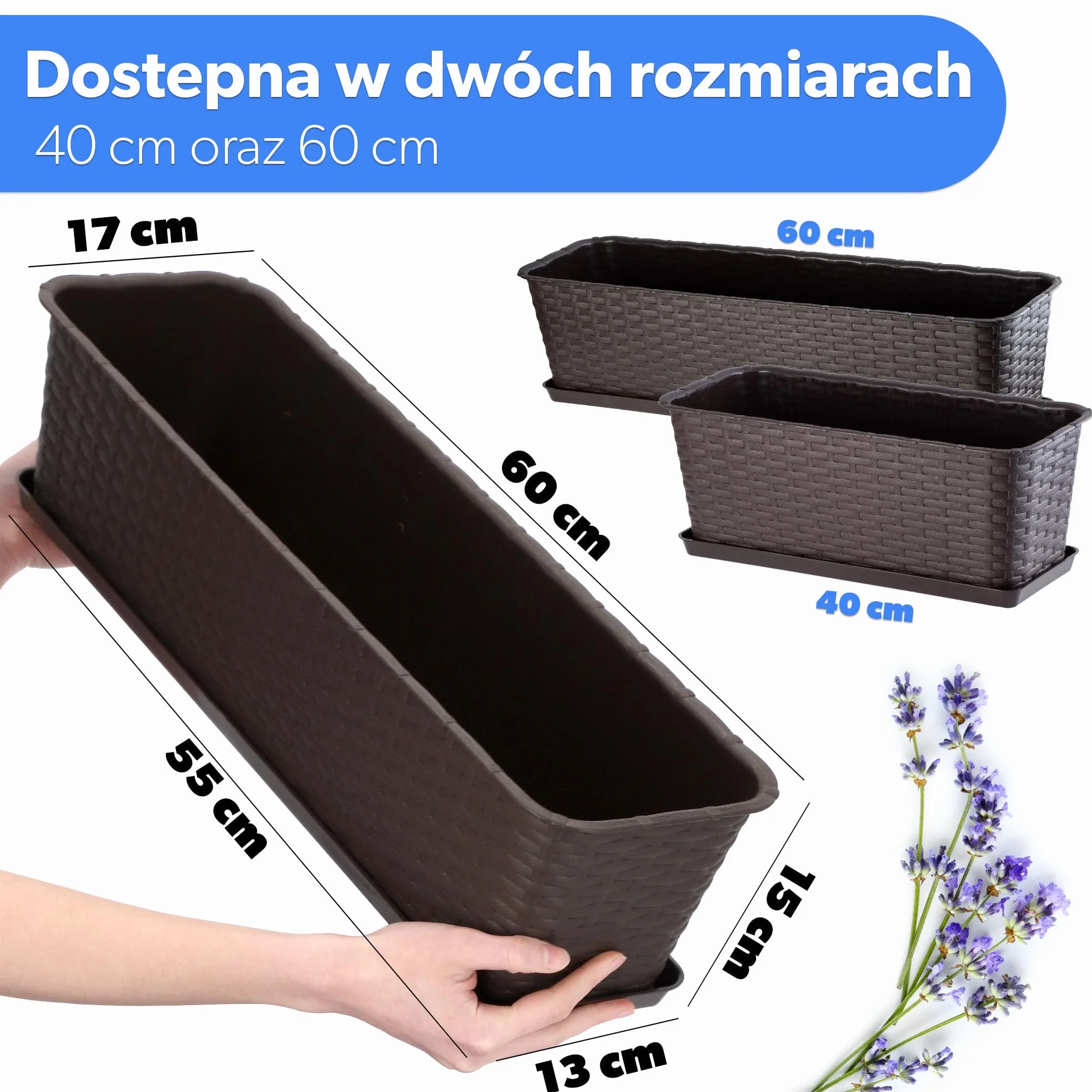KADAX Skrzynka Balkonowa 60cm, ok. 12L, skrzynka z tworzywa odporna na warunki, Brązowy, prostokątna na Balkon, Taras i do Ogrodu