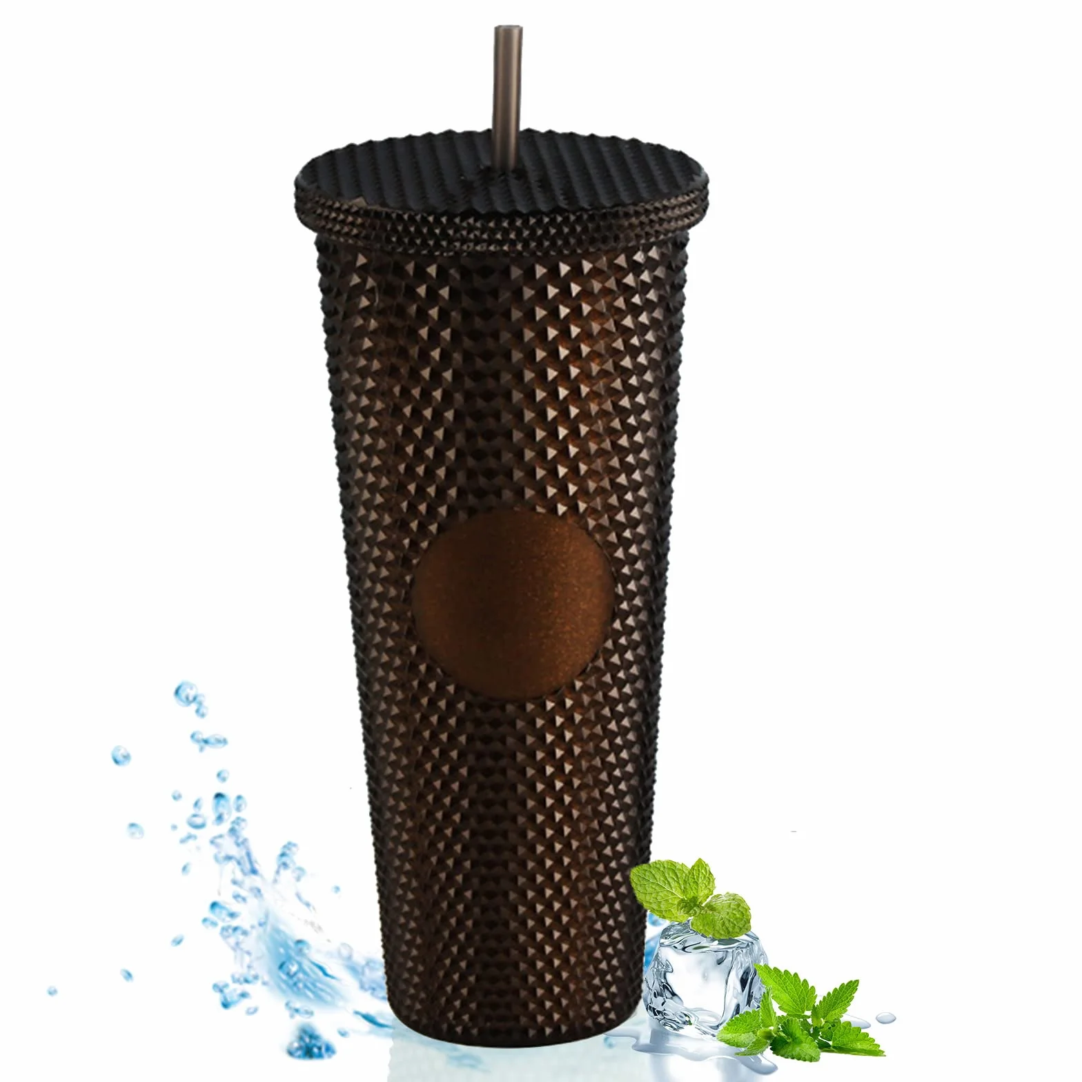 WMLBK Kubek z nitami z pokrywką i słomką, 710 ml, kubek słomkowy z podwójnymi ściankami, wielokrotnego użytku, plastikowy kubek na sok, kawę, do domu, biura, wielokrotnego użytku (czekolada)