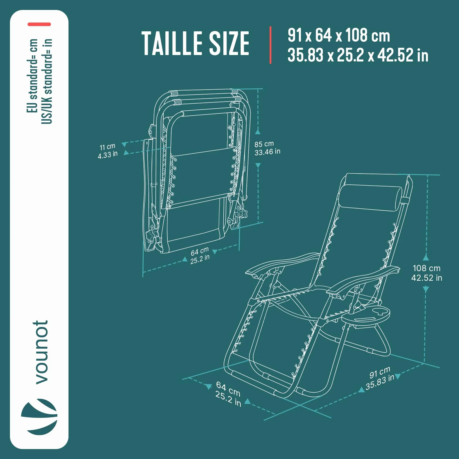 VOUNOT Zestaw 2 leżaków do opalania Zero Gravity z uchwytem na kubek i uchwytem na telefon, regulowane krzesła ogrodowe z Tektoliną, szary