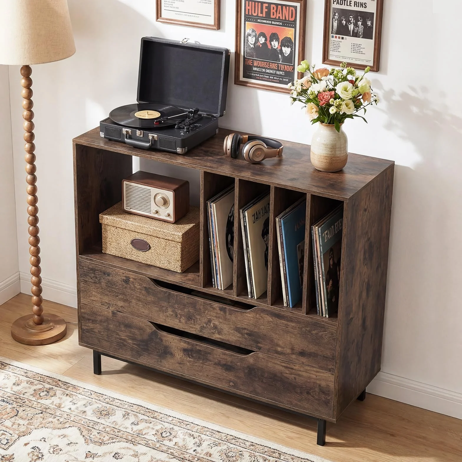 COSTWAY Stojak na Gramofon w Stylu Retro, Szafka na Płyty Winylowe z Otwartą Półką, 4 Przegrody na Winyle i 2 Szuflady, Stół Muzyczny do Salonu i Sypialni, Brązowy