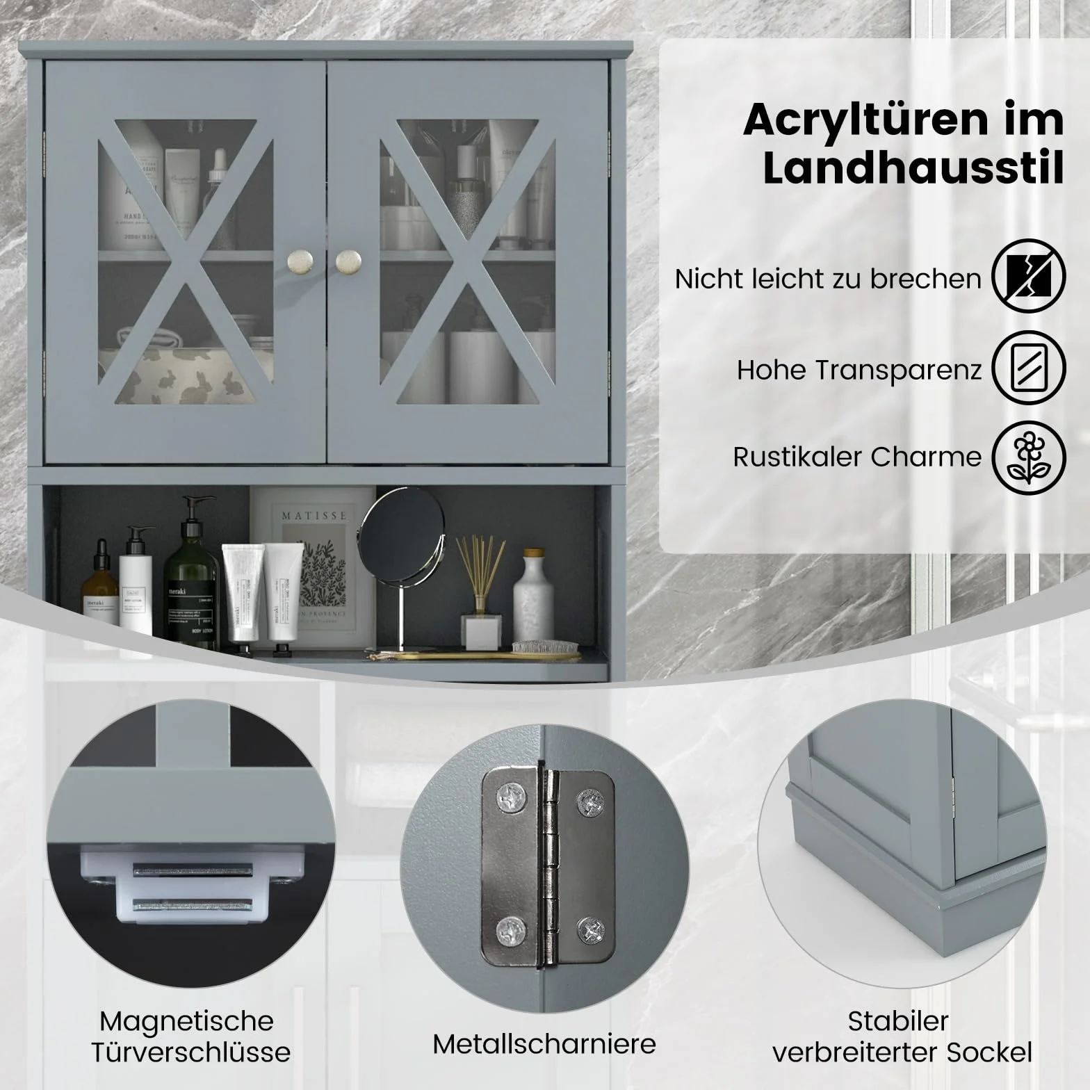 COSTWAY Szafka łazienkowa, wysoka szafka łazienkowa z 3 regulowanymi półkami i 4 drzwiami, drewniana szafka do przechowywania, do łazienki, salonu i kuchni, 60 x 30 x 145 cm (szara)