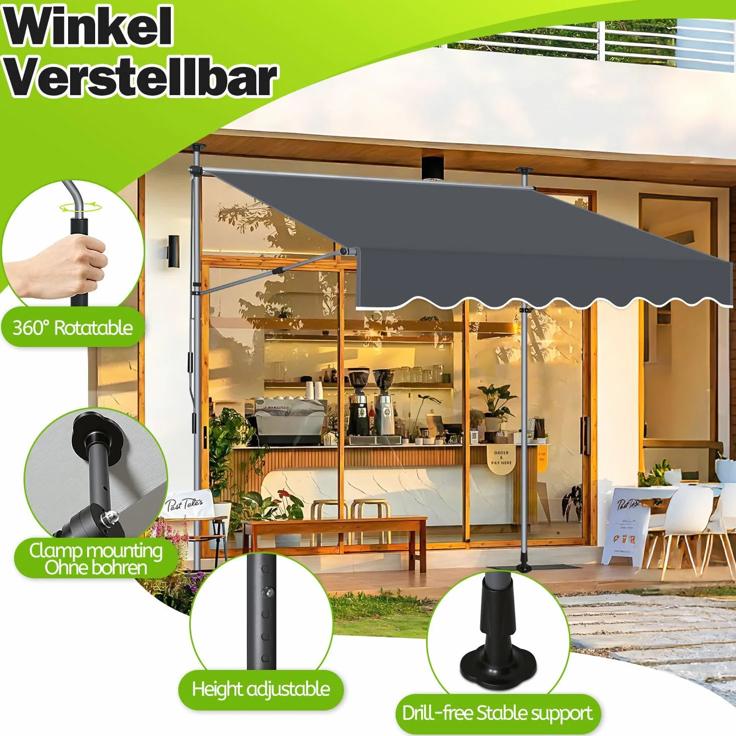 Markiza zaciskowa o szerokości 350 cm, balkonowa, bez wiercenia, regulacja wysokości 214-305 cm, ochrona przed słońcem na balkon, wysuwana do 150 cm, z poliestru 180 g/m², UV50+, antracytowa
