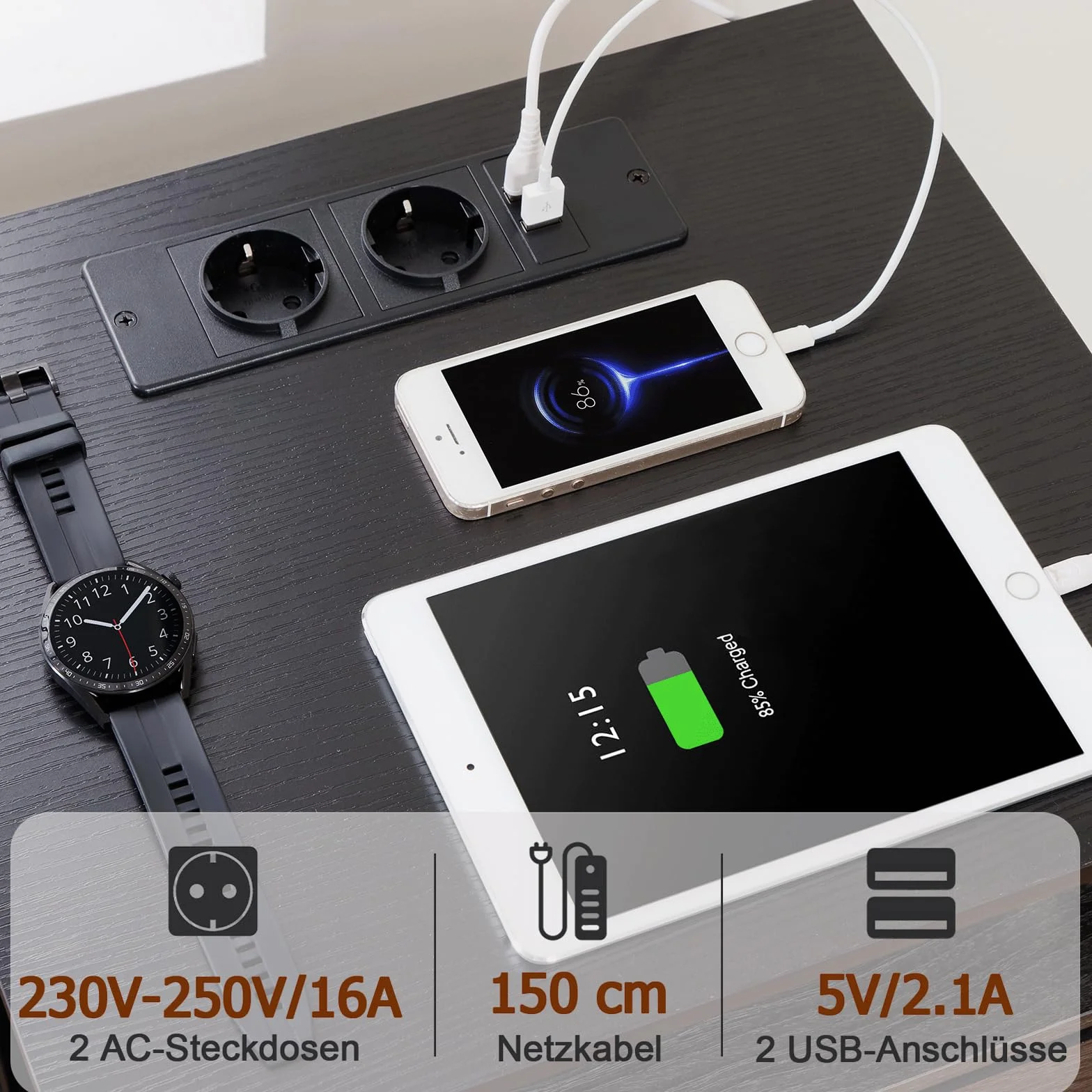 AMHANCIBLE Stolik nocny z LED, stolików nocnych z stacją ładującą, stolik boczny z 3 szufladami z materiału, szafka nocna z otwartą komorą, do salonu, sypialni, gabinetu, czarny HET053LBK-1