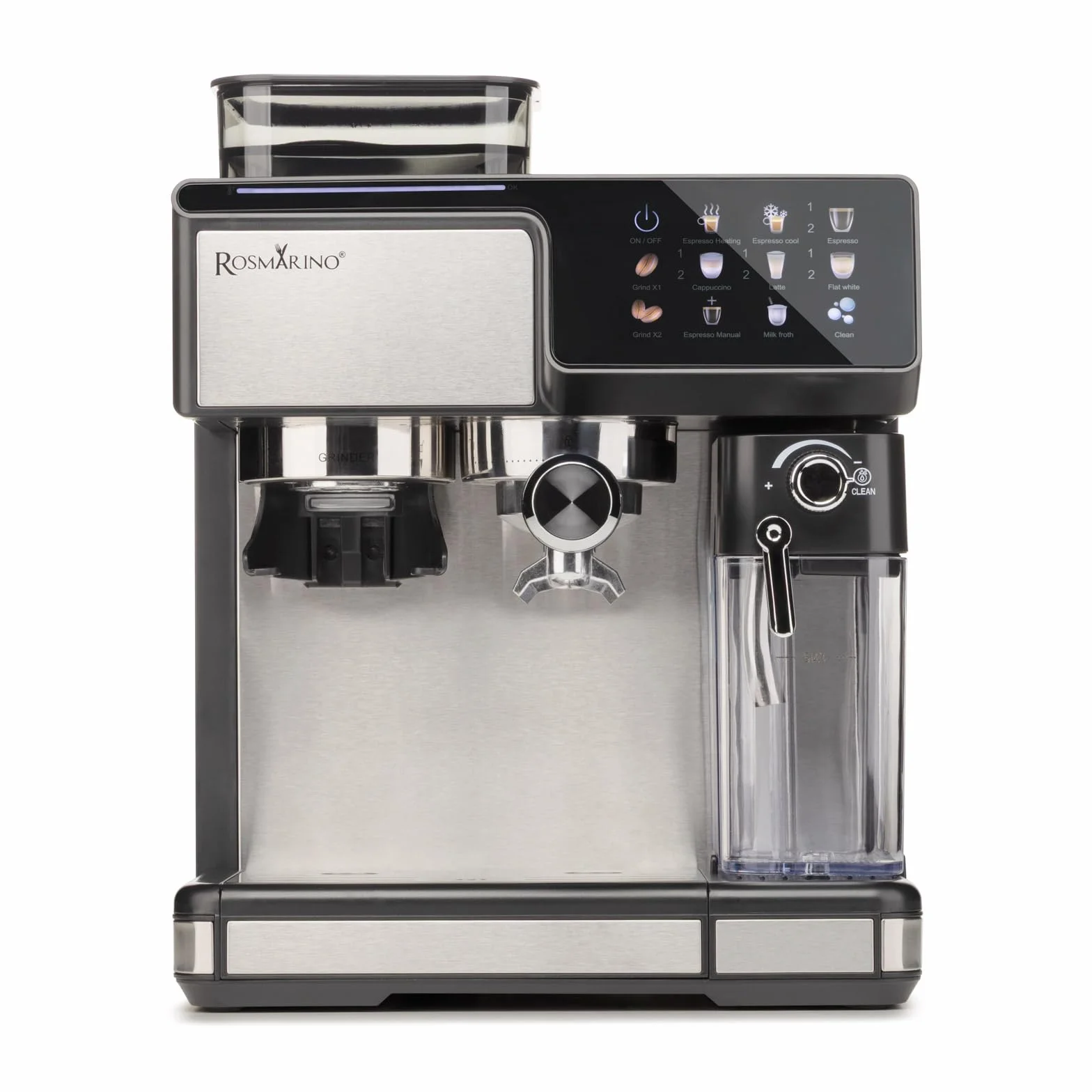 ROSMARINO W pełni automatyczny ekspres do kawy z młynkiem, pompa 20 bar, automatyczny spieniacz do mleka, Touch Control, zbiornik na wodę 2,6 l, espresso Cappuccino Latte, samoczyszczący, czarny