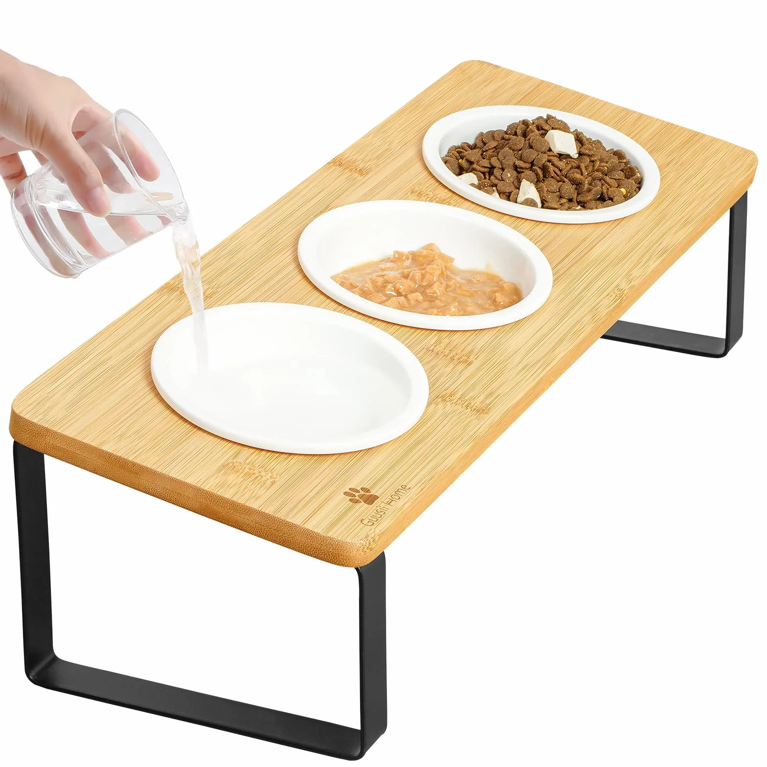 GUUSII HOME Ceramiczna miska dla kota Podniesiona stacja karmienia Zestaw 3 drewnianych misek 12 cm
