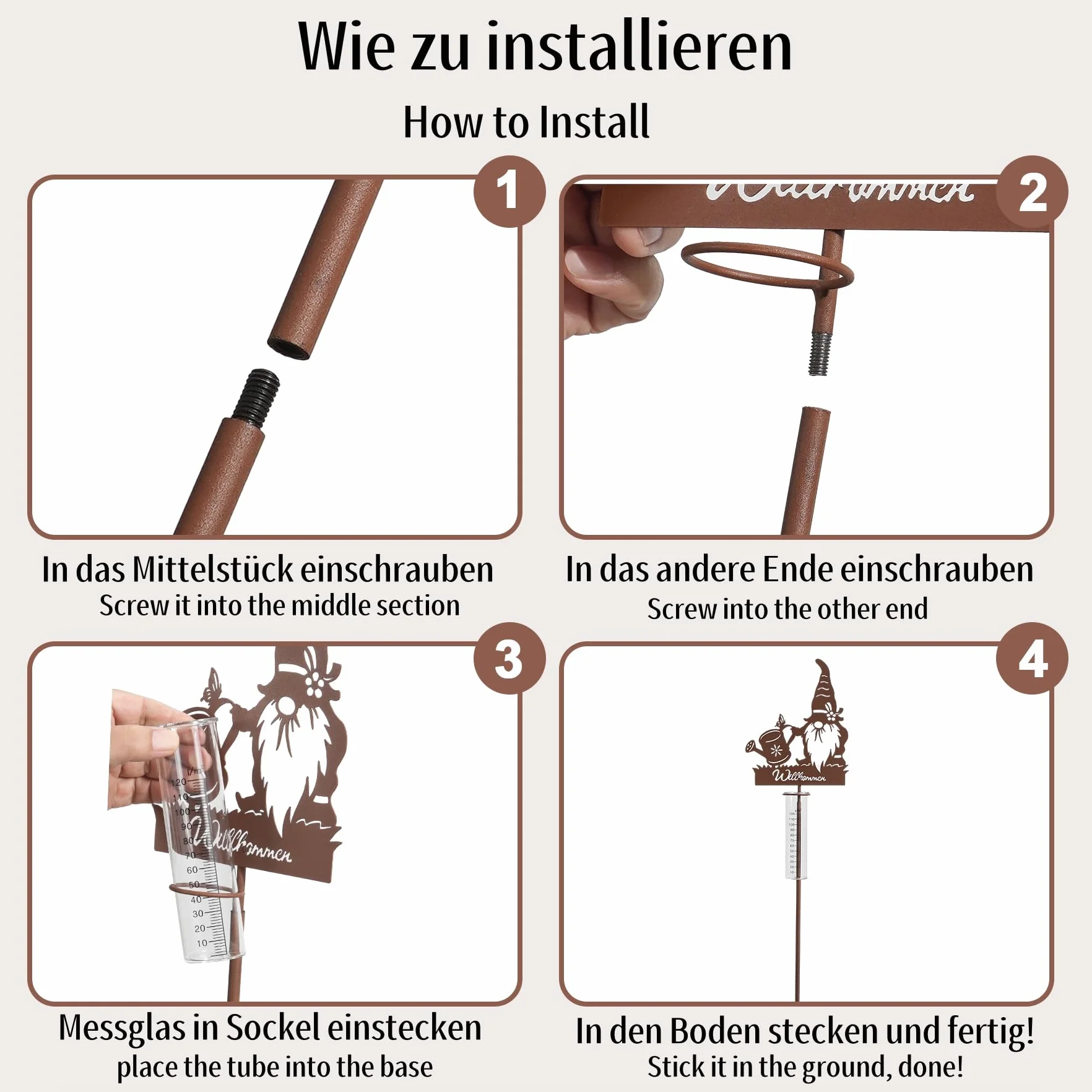 Dekoracyjny deszczomierz do ogrodu, metalowy, deszczomierz, z ostrzem do wbijania w ziemię, 100 cm, odporny na mróz, deszczomierz, szkło z wtyczką ogrodową, motyw krasnala ogrodowego, dekoracja na