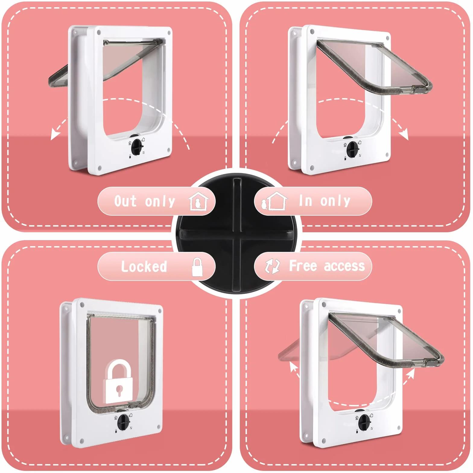 CPROSP Drzwi dla kota białe z 4 ustawieniami blokady, klapa dla kota tunel wewnętrzny 19,5 x 18 cm, rama drzwi Cat Flap Door 27 x 23,5 x 5,5, dla psów/kotów