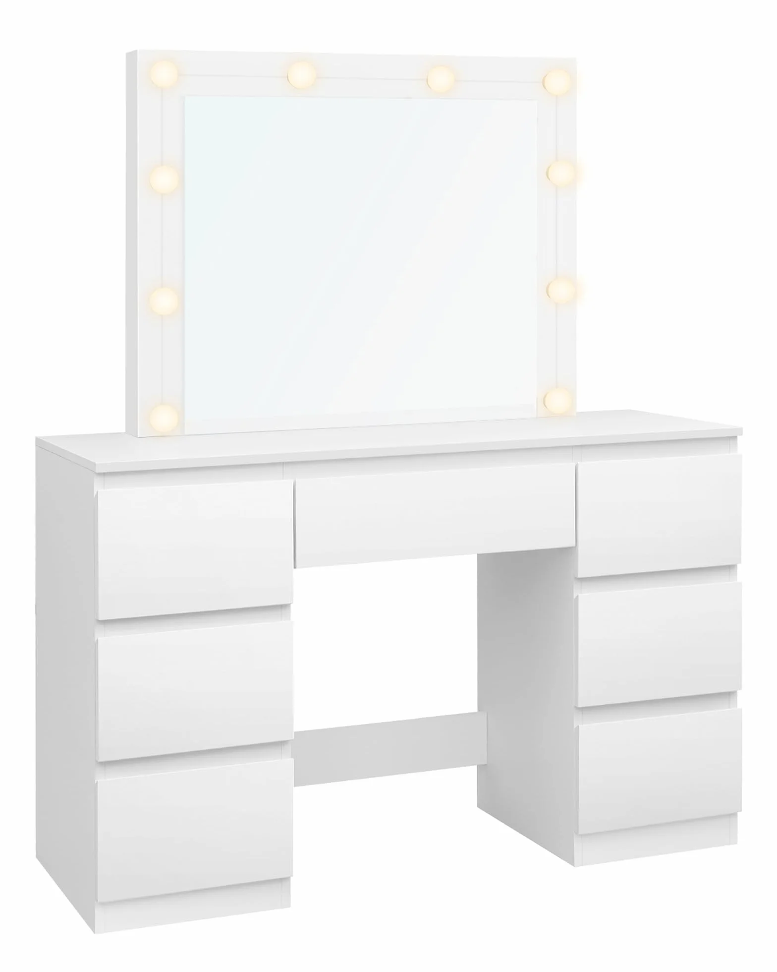 Toaletka WOLTU z oświetleniem LED, kosmetyczka z lustrem, toaletka z 7 szufladami, regulowana jasność, wykonana z drewna, 107x140,5x39,5 cm, nowoczesna, biała
