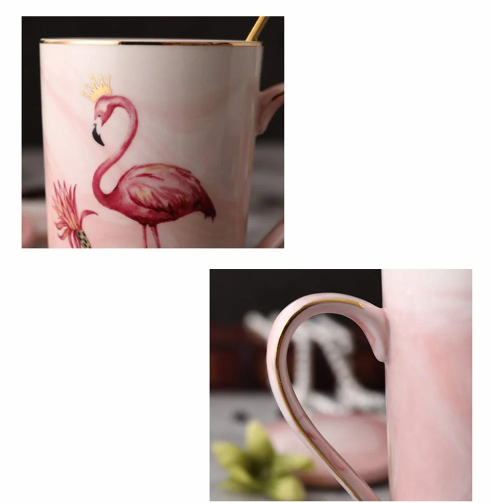 Kubek flamingowy kubek do kawy herbaty ceramiczny porcelanowy kubek z łyżką i pokrywką (flaming różowy, 400 ml)