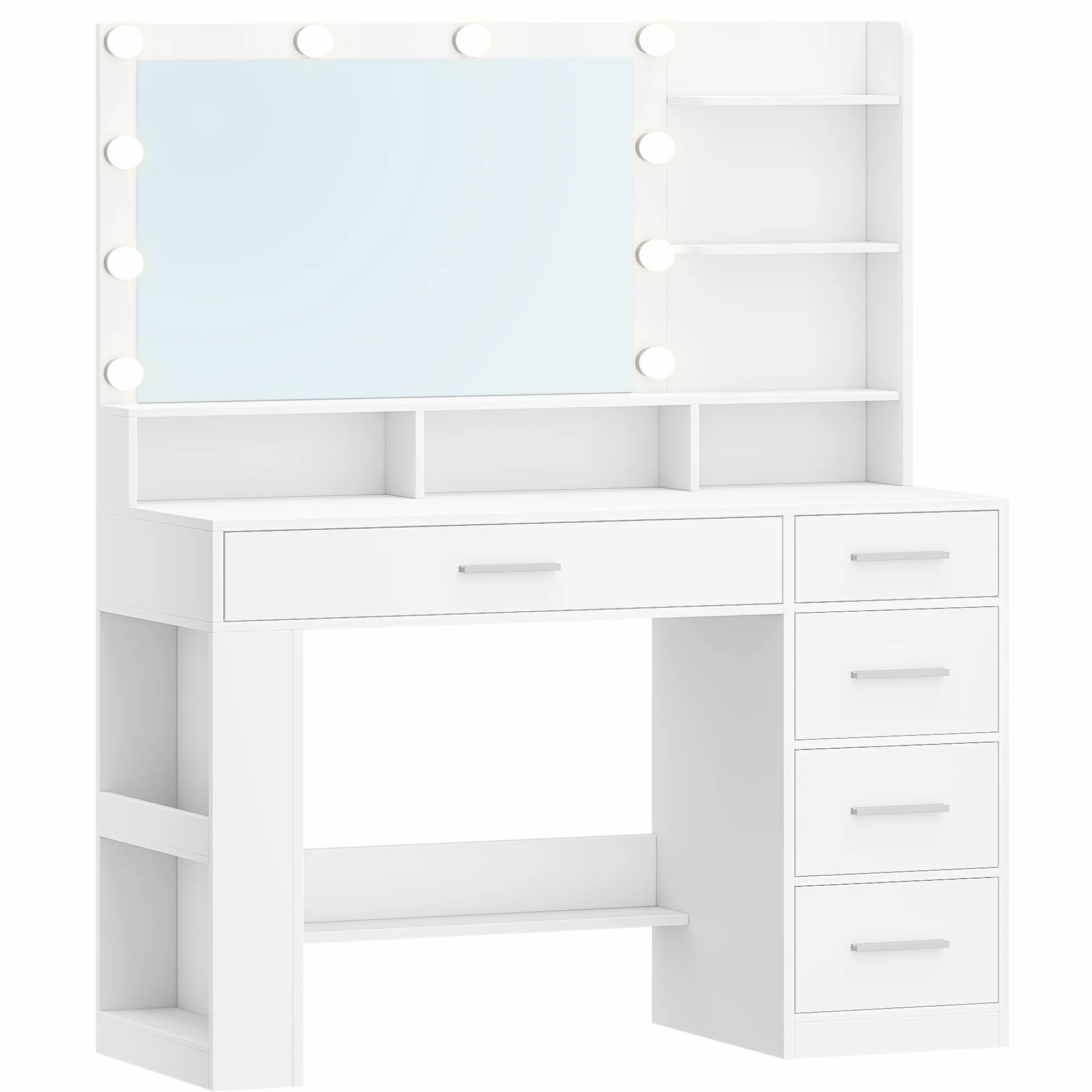 Hzuaneri Toaletka z DużYm Lustrem Hd, OśWietleniem Led, Toaletka z 6 Otwartymi Przegrodami, 5 Szufladami I Bocznymi Otwartymi Schowkami, Garderoba Do Sypialni, Prosta, Biała DT42603XEU