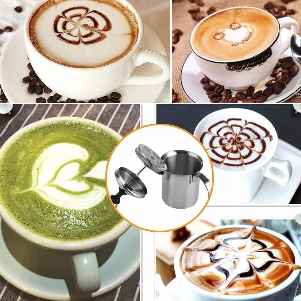 Zerodis Spieniacz do mleka 400 ml/800 ml stal nierdzewna ręczny spieniacz do mleka podwójna siatka kawa cappuccino spieniacz kremowy (800 ml)
