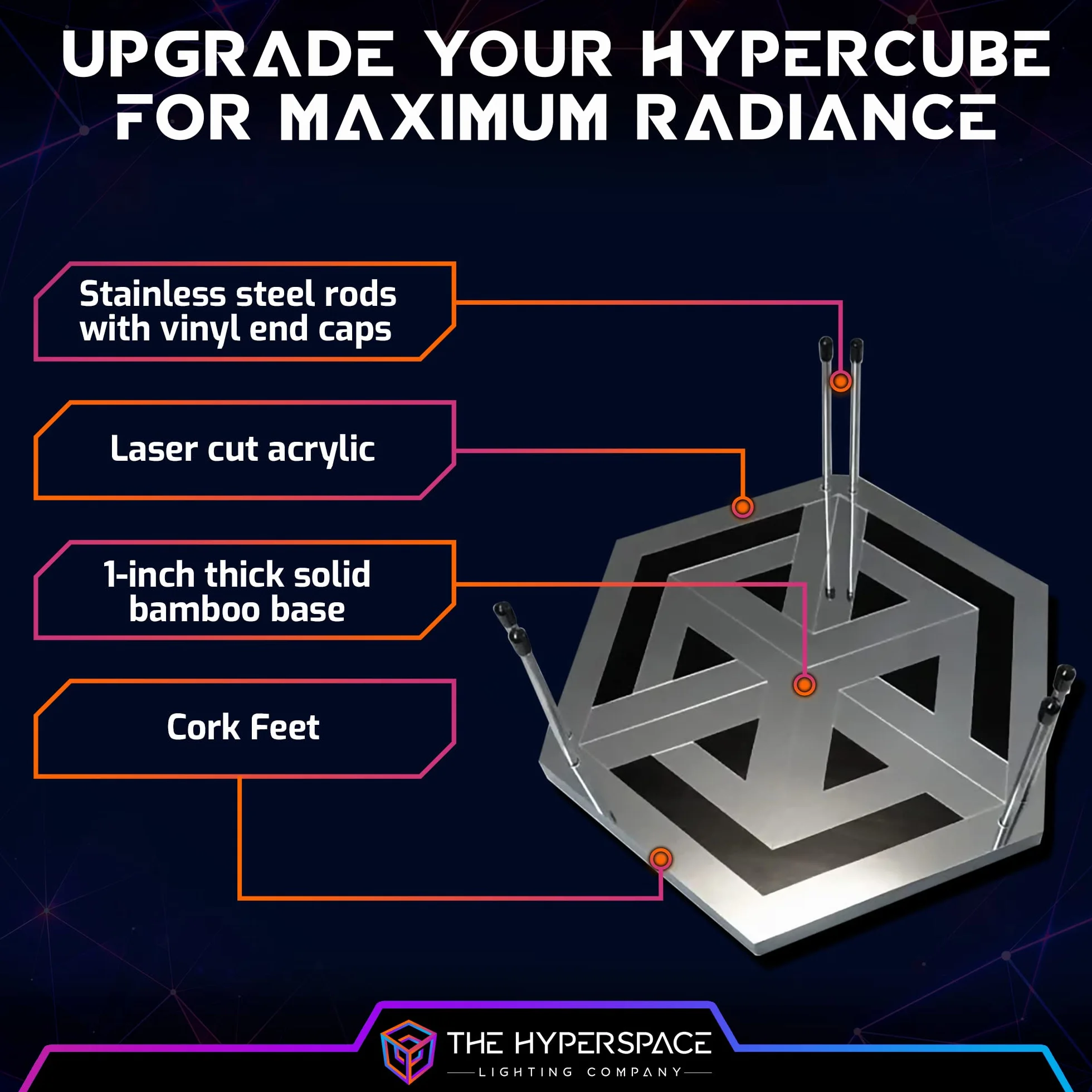 HyperStand do lampy LED HyperCube Infinity Cube – stojak ekspozycyjny 12,5 cala z solidną bambusową podstawą, metalowe pręty ze stali nierdzewnej i laserowo wygrawerowane akrylowe hiperlustro – pasuje