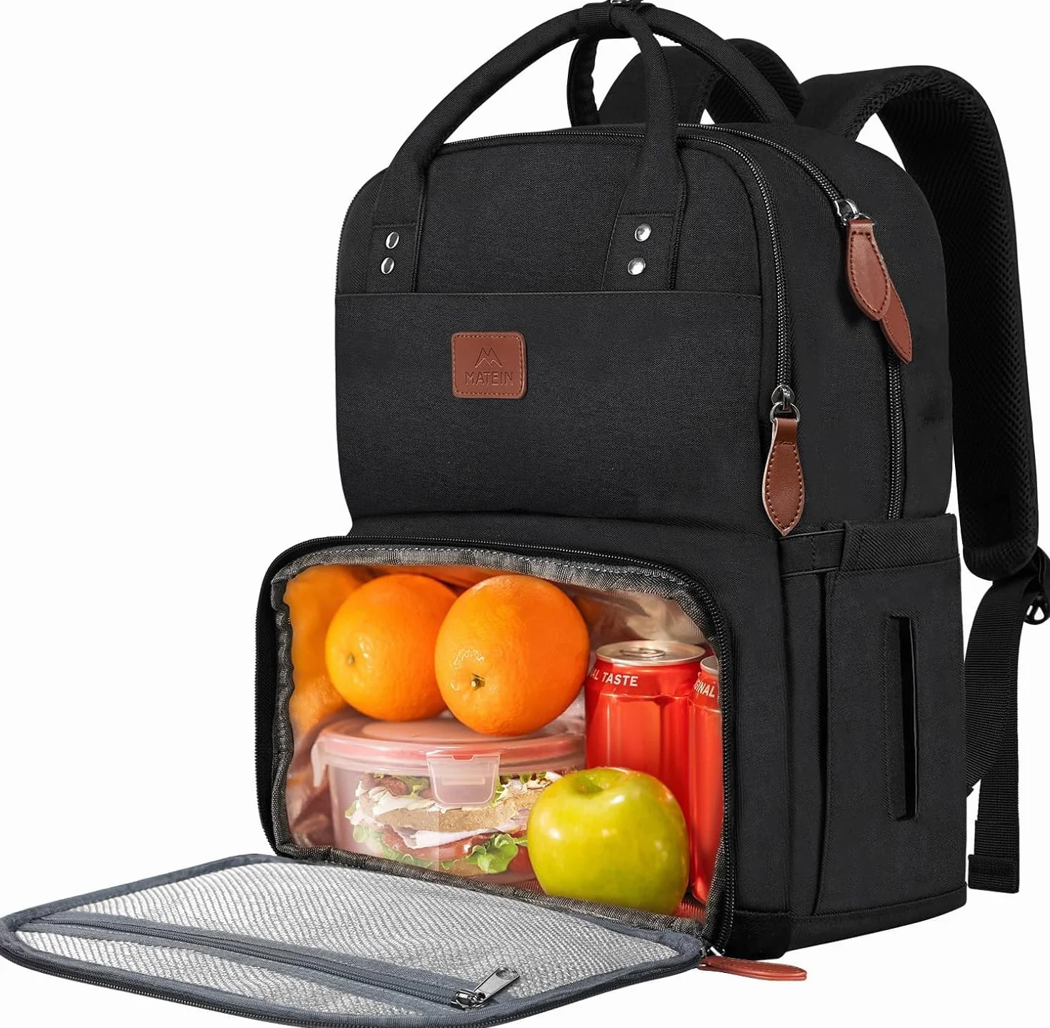 MATEIN Plecak na laptopa na lunch, plecak piknikowy z kieszenią na laptopa, plecak dla mężczyzn i kobiet z portem USB, izolowana torba chłodząca na lunch, na kemping, podróż, do szkoły, pracy, czarny