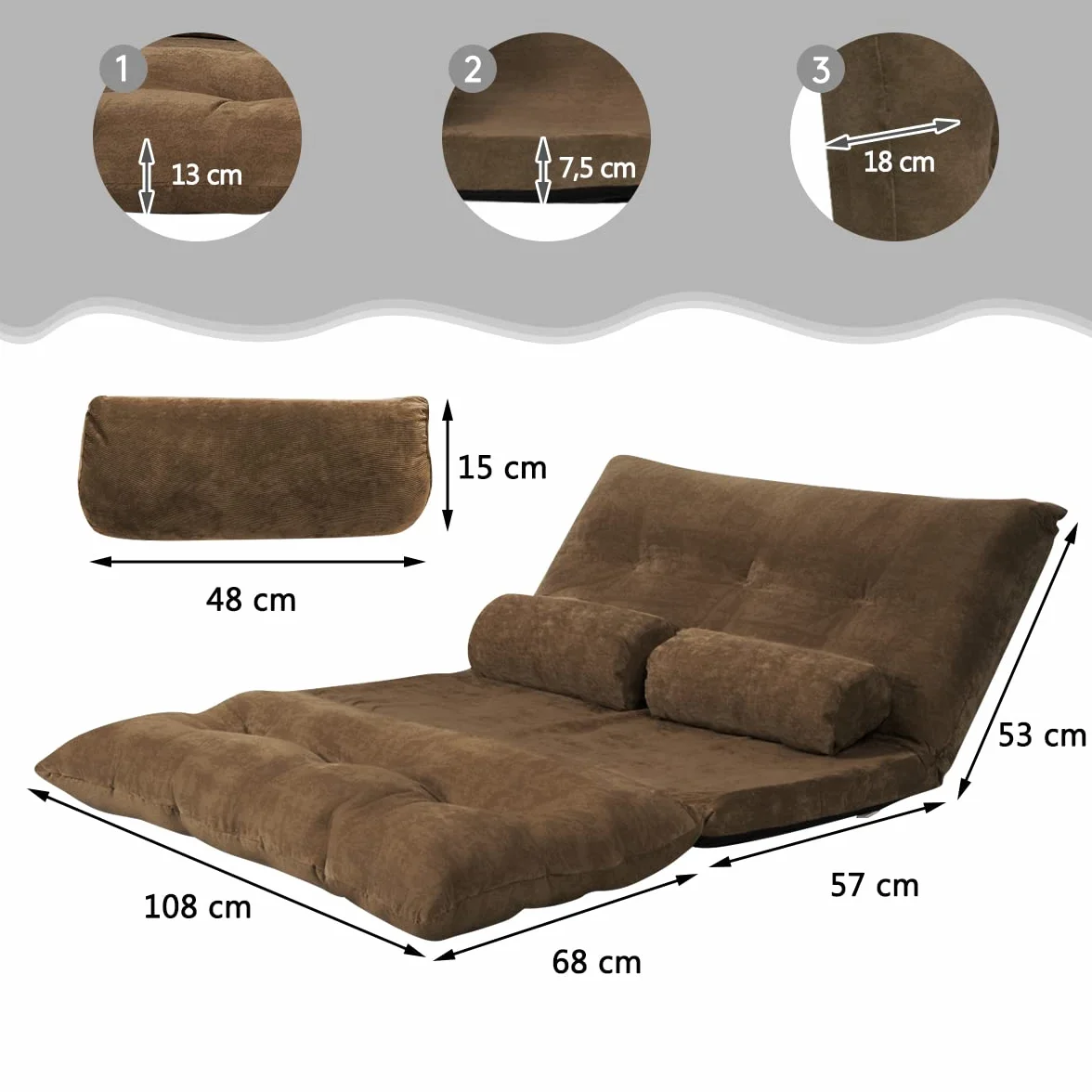 COSTWAY Sofa podłogowa, składana, 6-stopniowa regulacja, fotel podłogowy, krzesło podłogowe z 2 poduszkami, poduszka do siedzenia na podłogę z oparciem, składana sofa tapicerowana, do sypialni, salonu
