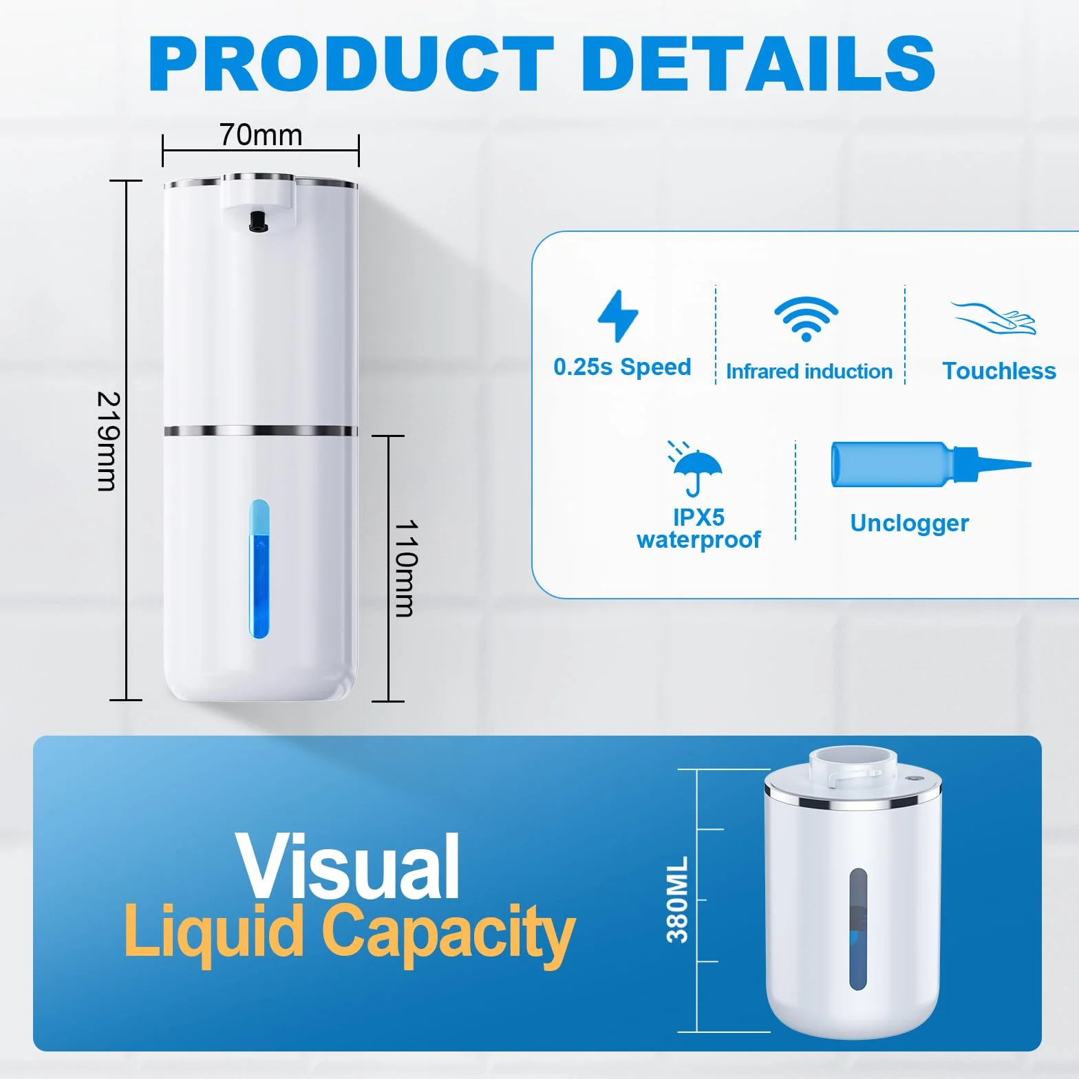 Automatyczny dozownik mydła, mocowanie ścienne, bezdotykowy, 380 ml, elektryczny, z czujnikiem, ładowanie przez USB, dozownik pianki mydlanej do łazienki, kuchni, biura