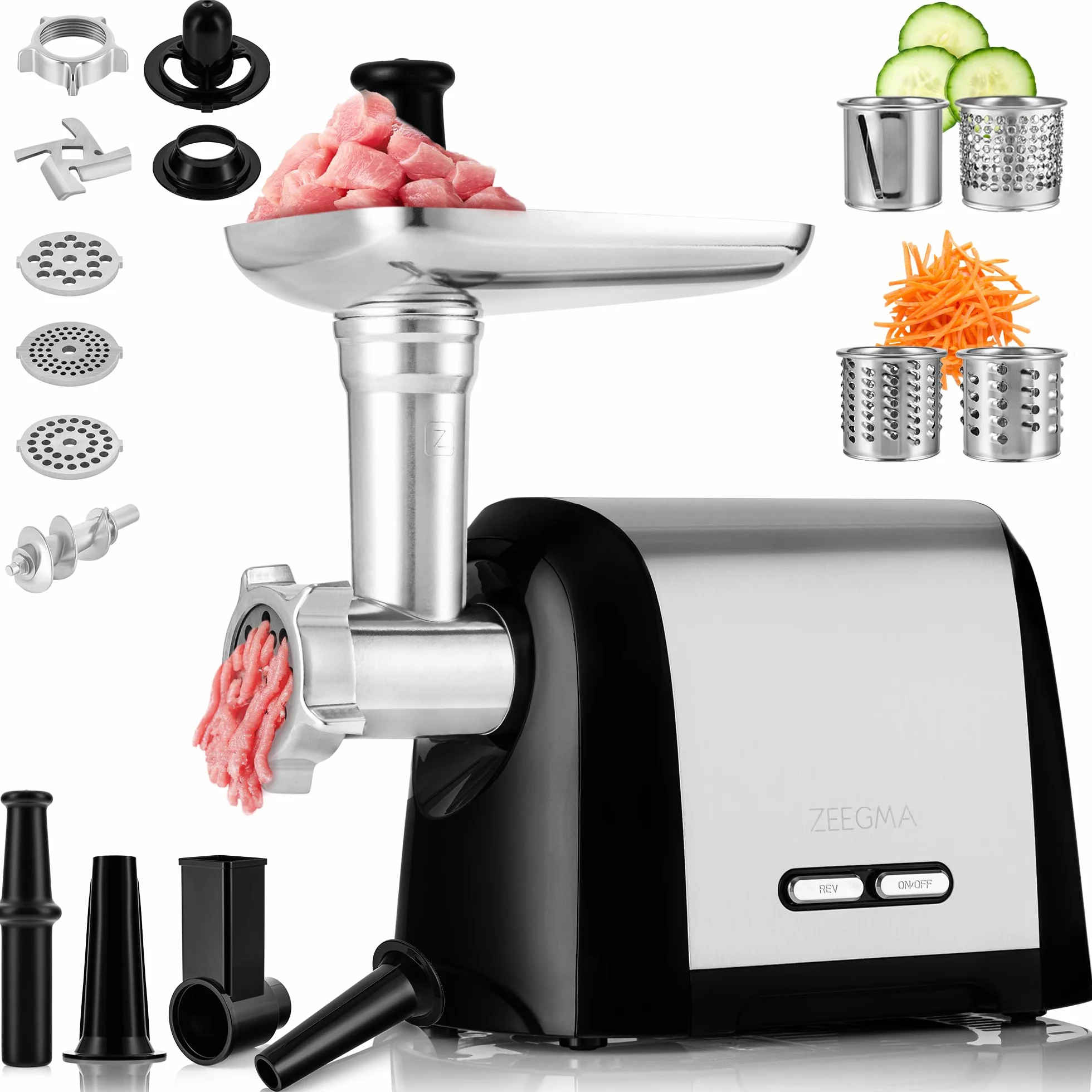 ZEEGMA Molen Chef maszynka do mielenia mięsa, moc 1900W, metalowa taca i obudowa, wydajność 1,8kg/min, 3 dyski, nakładka kebbe, szatkownica warzyw, pojemnik na akcesoria, trzy bębny tnące (Srebrny)