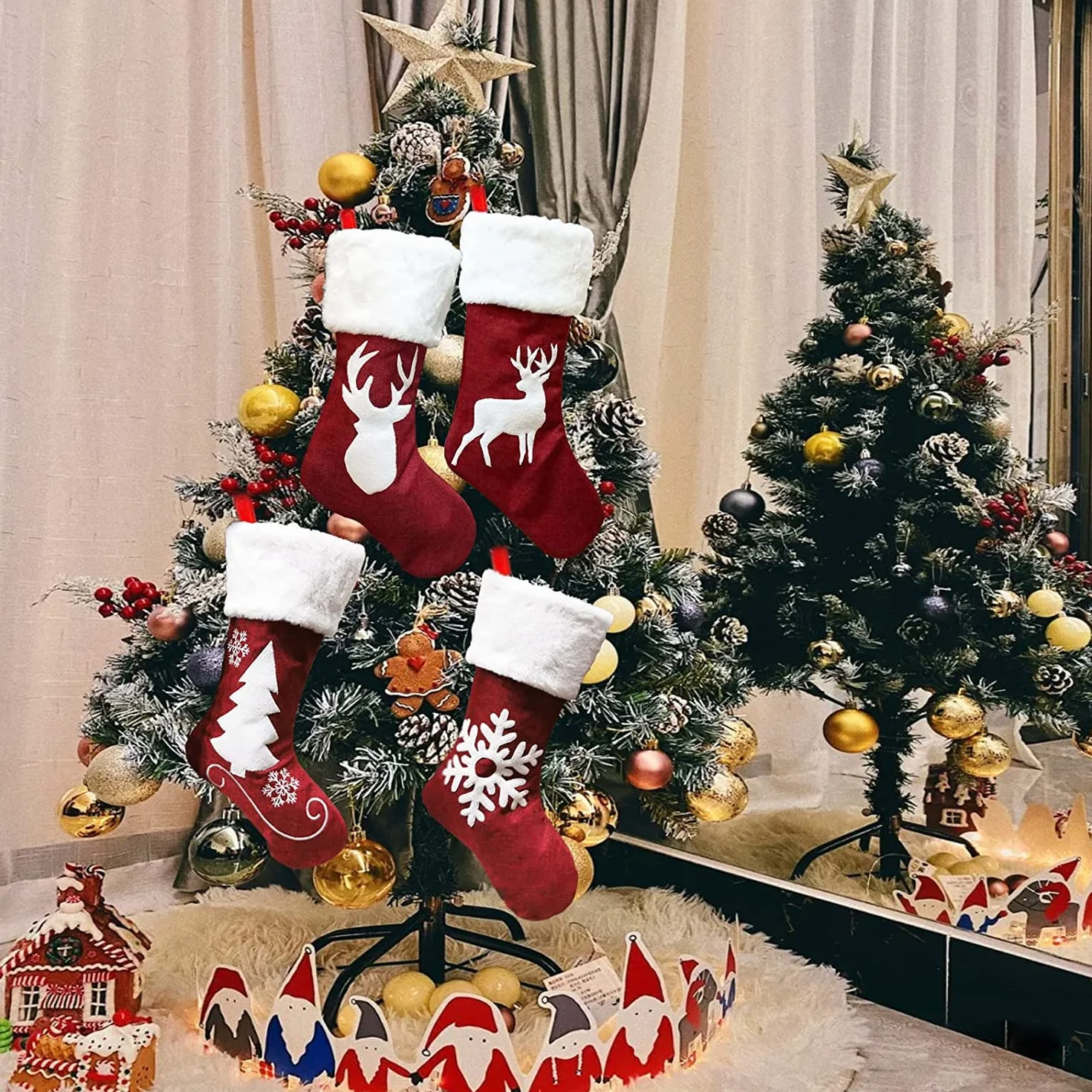 Dremisland Duże skarpety bożonarodzeniowe, zestaw 4 sztuki, 46 cm, kolor czerwono-biały, skarpety Świętego Mikołaja z pluszowym, puszystym jeleniem, spersonalizowane, skarpety bożonarodzeniowe do