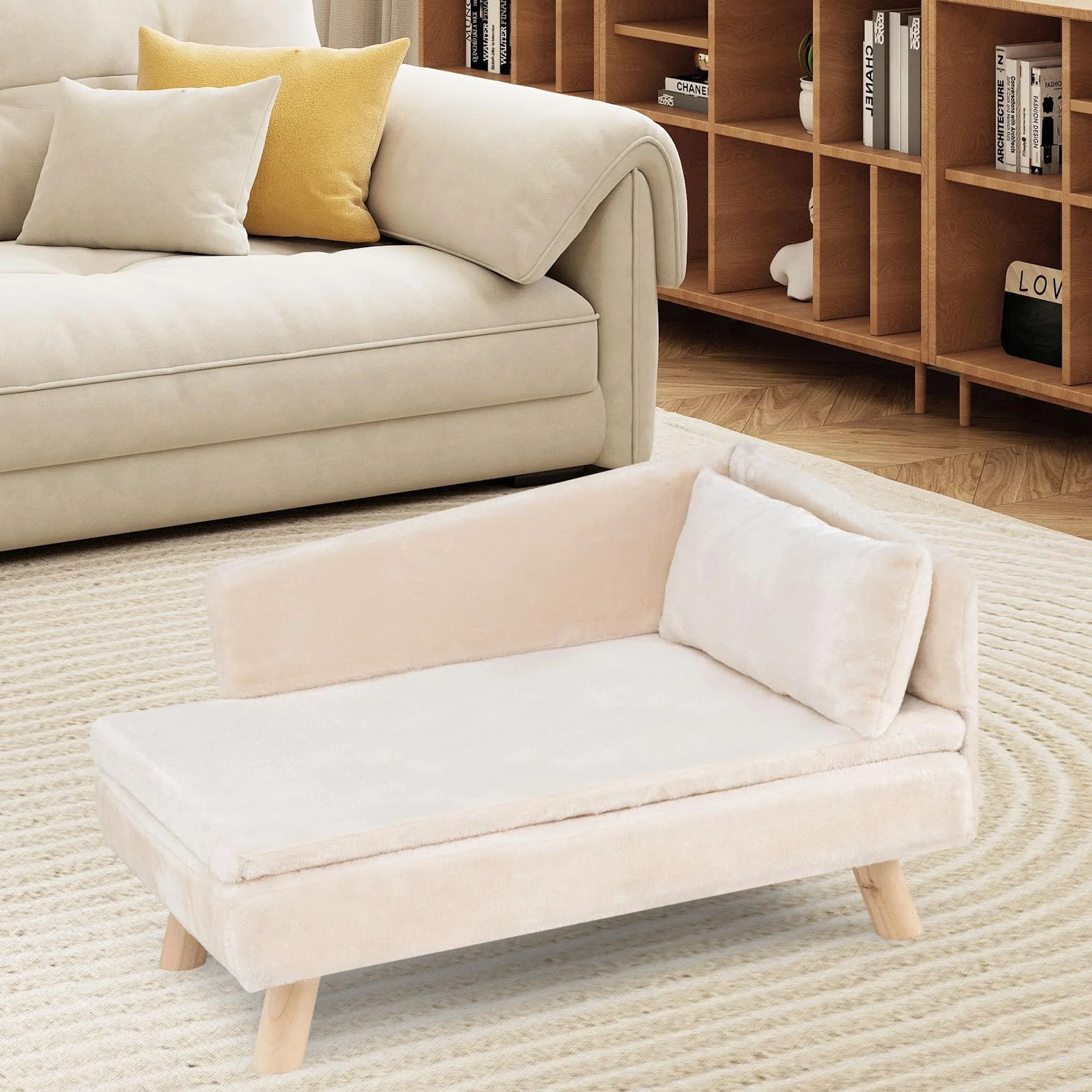 COSTWAY Luksusowa sofa dla kota, podwyższone legowisko do 50 kg, z 2 poduszkami, oparcie i drewniane nogi
