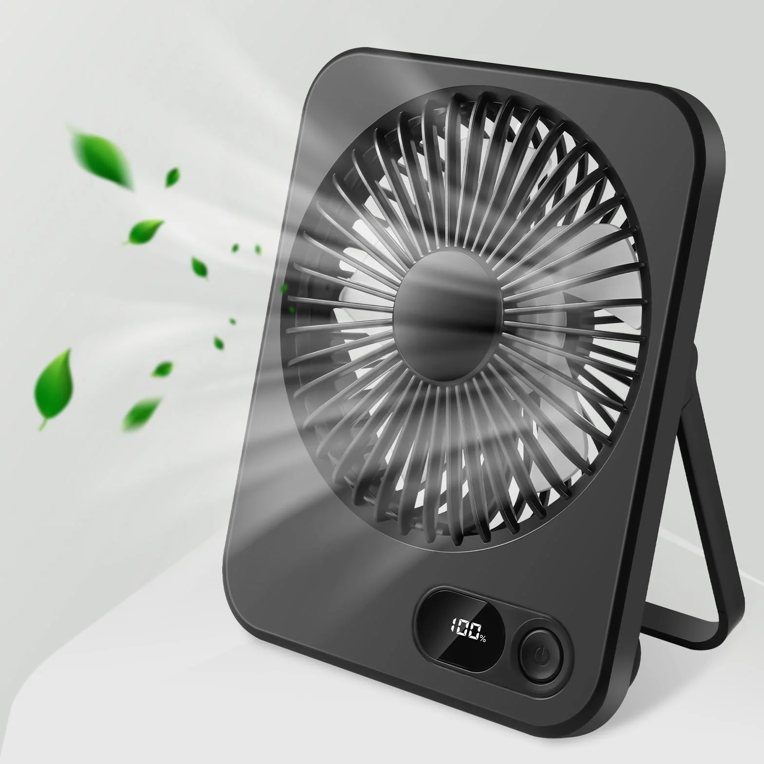 AXFEE Wentylator biurkowy USB, 2000 mAh, USB-C, ładowalny, składany, mini, przenośny, cichy z wyświetlaczem LED, regulowany 180°, mocne chłodzenie