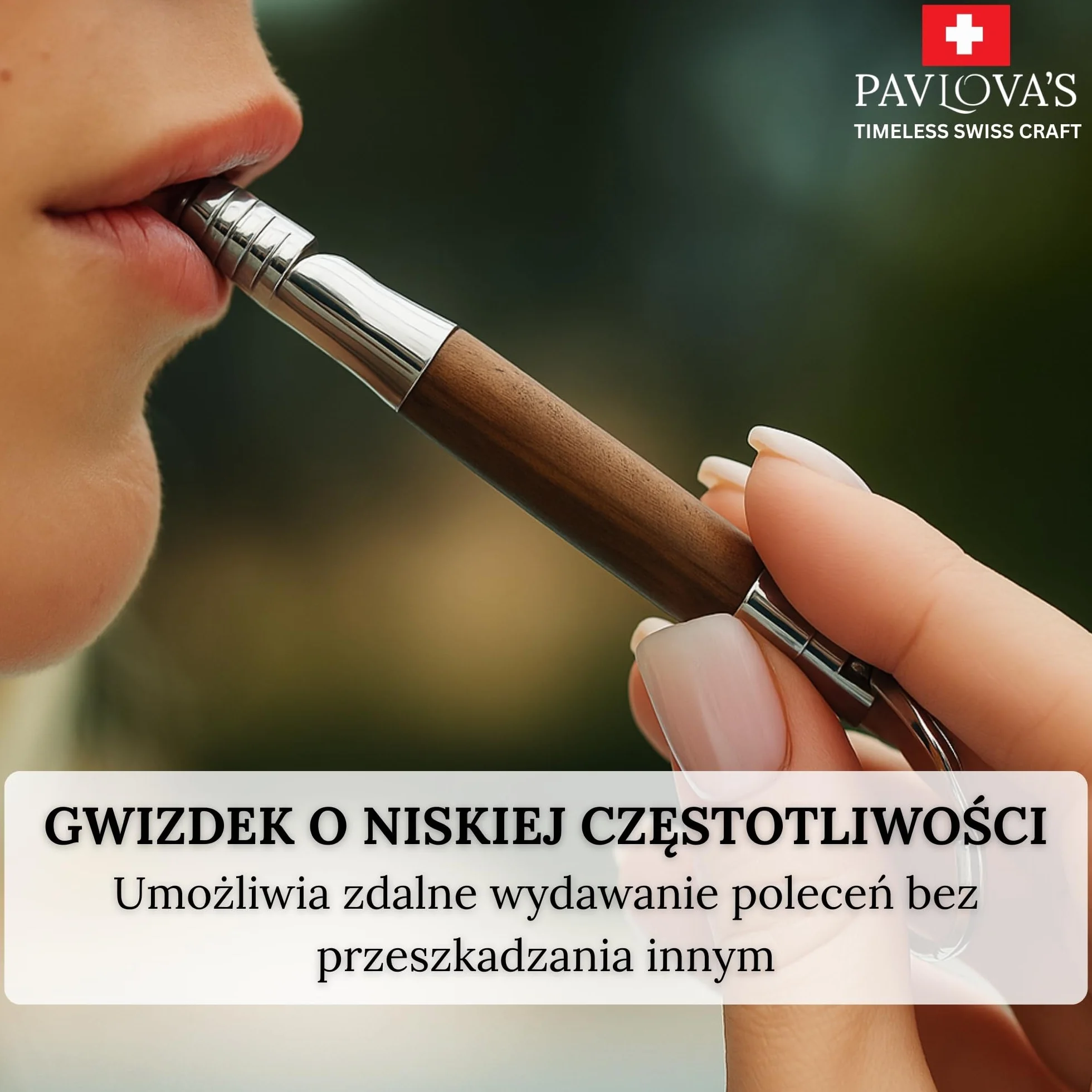 PAVLOVA'S Szwajcarski ręcznie robiony gwizdek dla psa z kluczykiem – orzech i stal nierdzewna – kompaktowe narzędzie treningowe do codziennego użytku z czystym tonem – pudełko upominkowe – 10-letnia