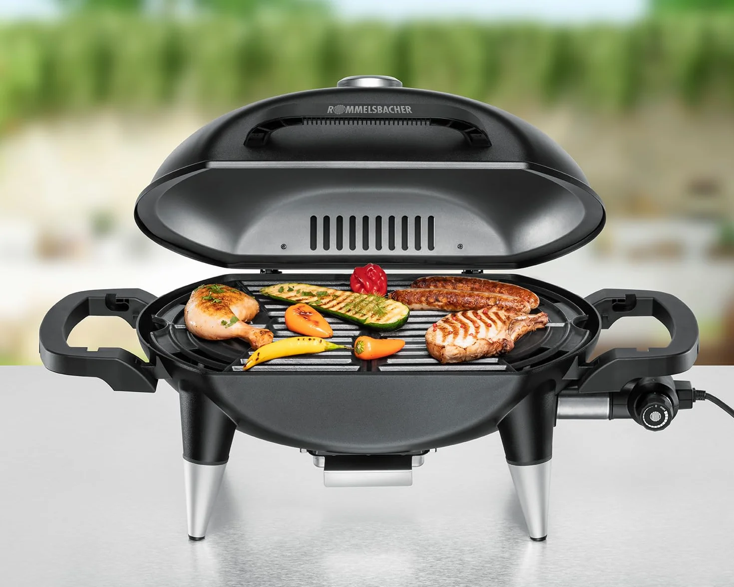 ROMMELSBACHER Barbecue BBQ 4000, 2-częściowy ruszt do grillowania z żeliwa, pokrywa na zawiasach ze wskaźnikiem temperatury, temperatury do 300°C, bezstopniowa regulacja, możliwość rozszerzenia o