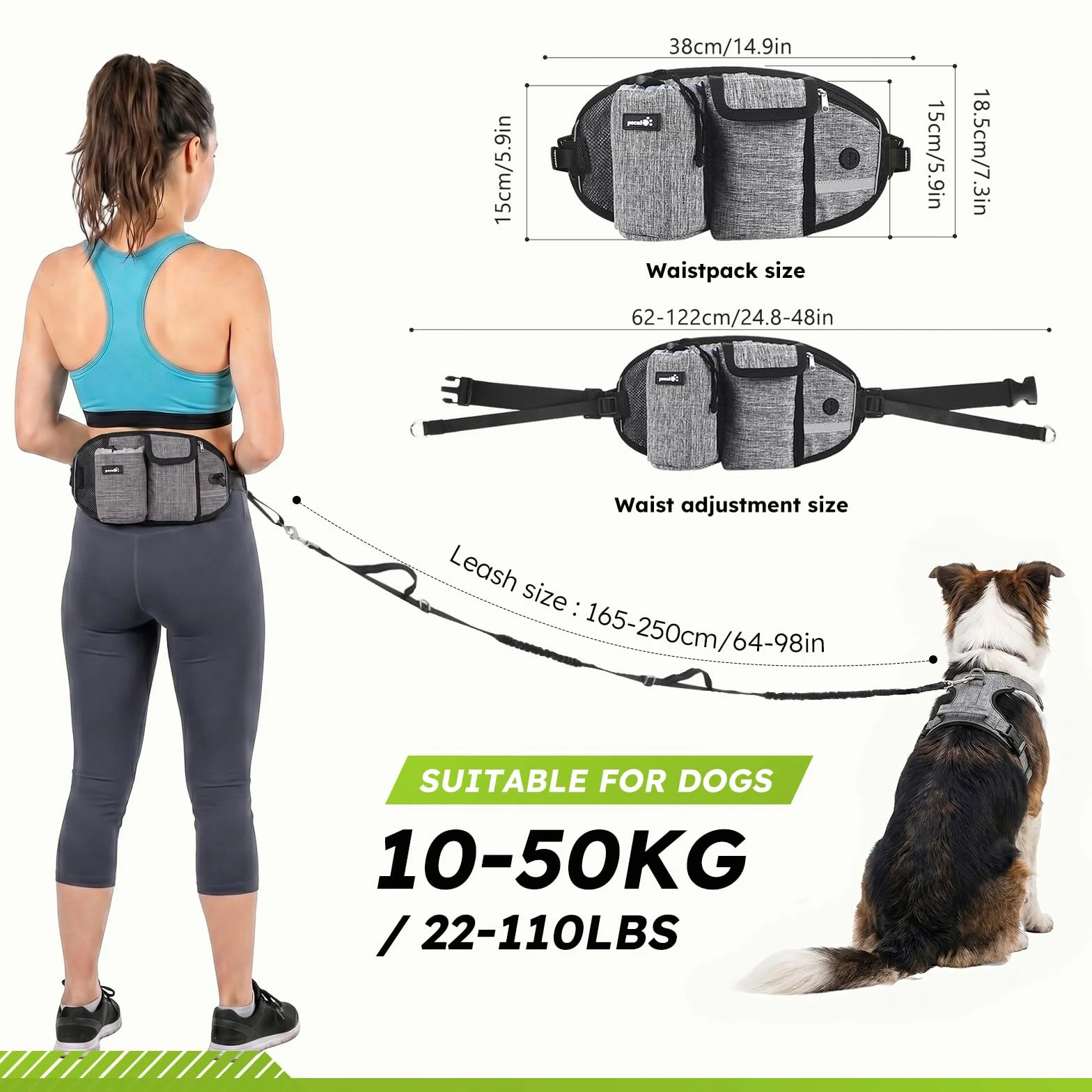 Pecute Smycz dla psa bez użycia rąk do 110kg Absorpcja wstrząsów, wygodna, odblaskowa szwy, idealna do biegania, joggingu i chodzenia (biała)