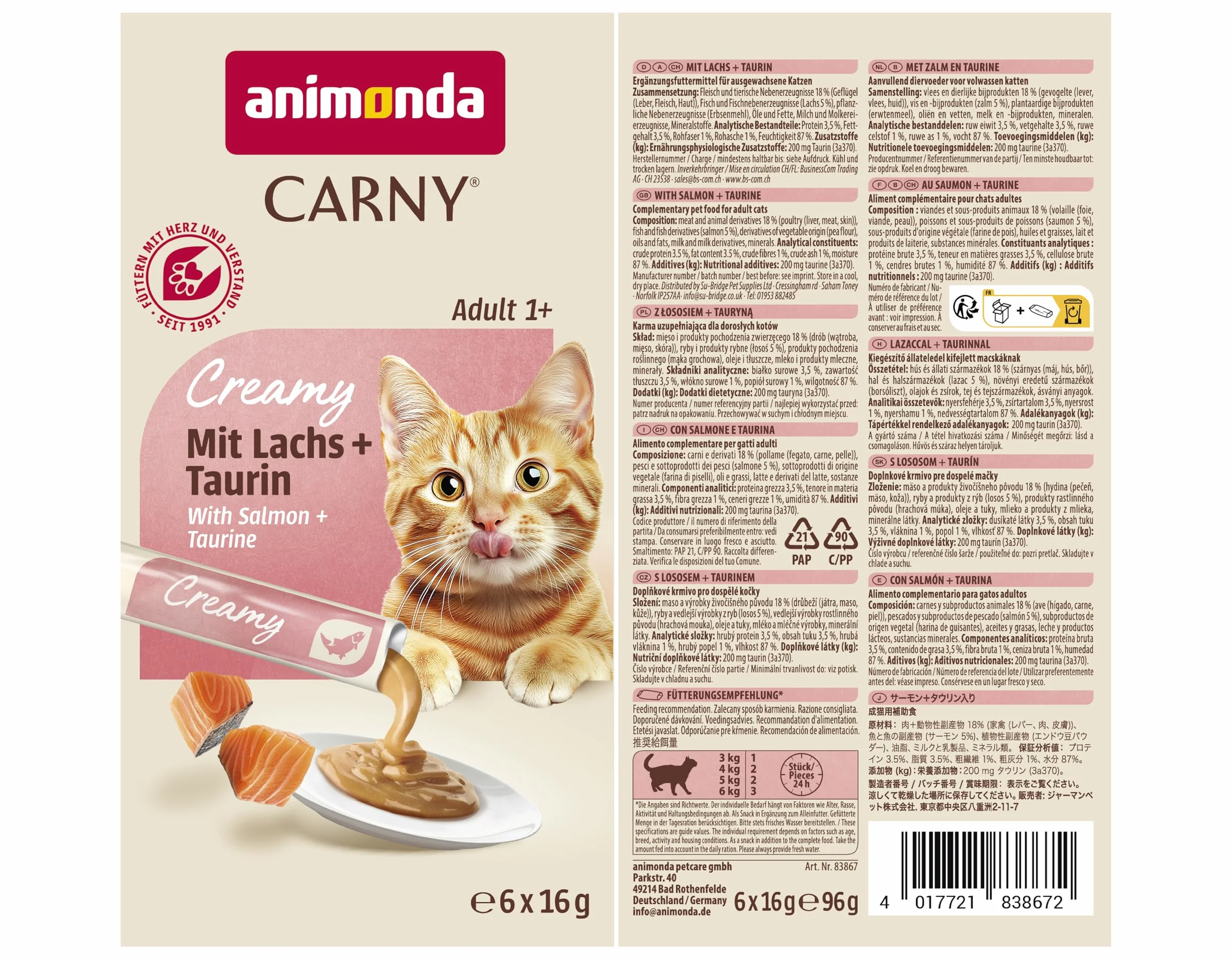 Animonda Carny Creamy Adult Karma dla Kotów, Łosoś/Tauryna, 6 x 15 g